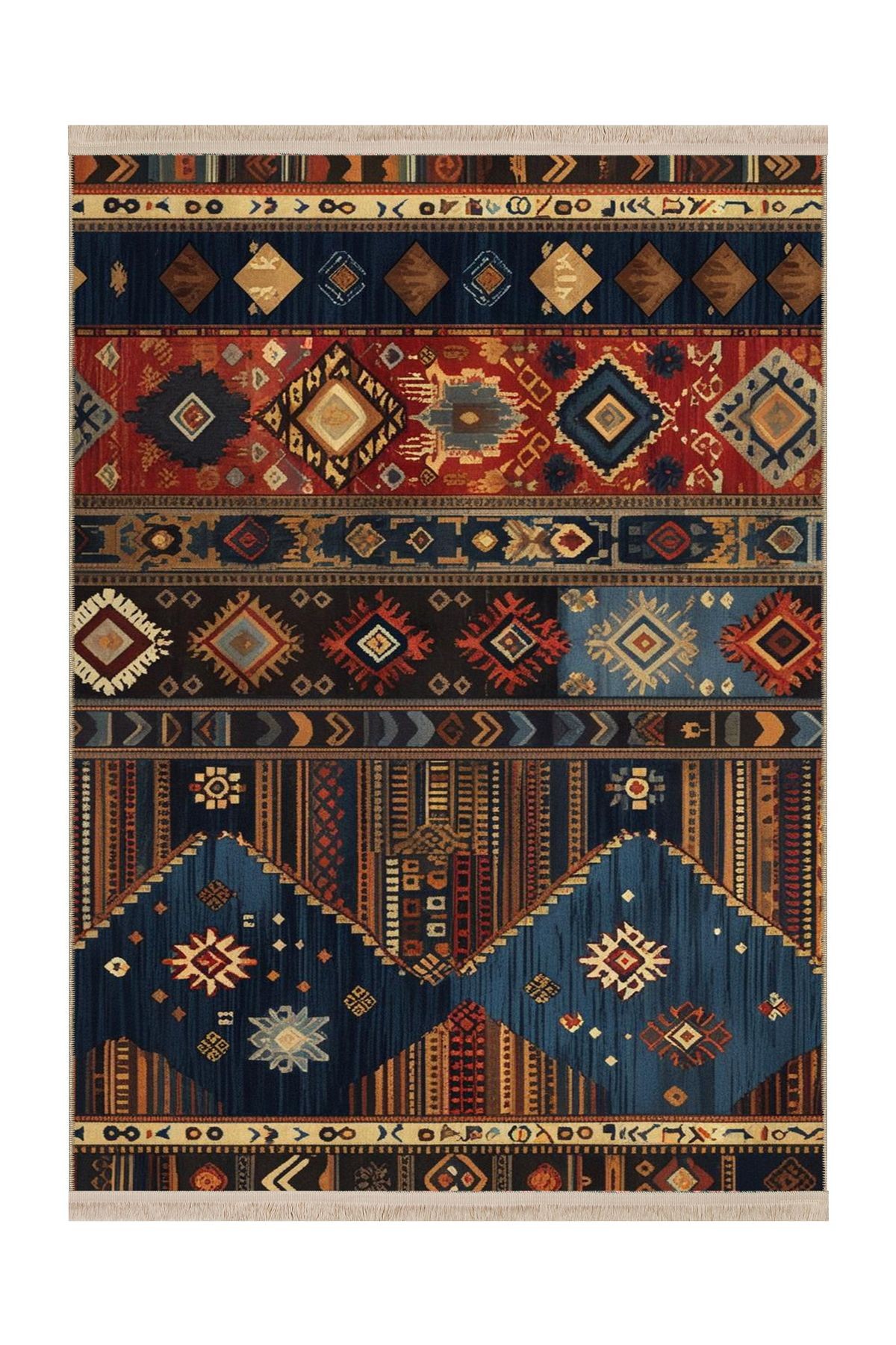 MOSSO Koyu Tonlu Karışık Etnik Desenli Dokuma Taban Modern Dekoratif Halı mosso10