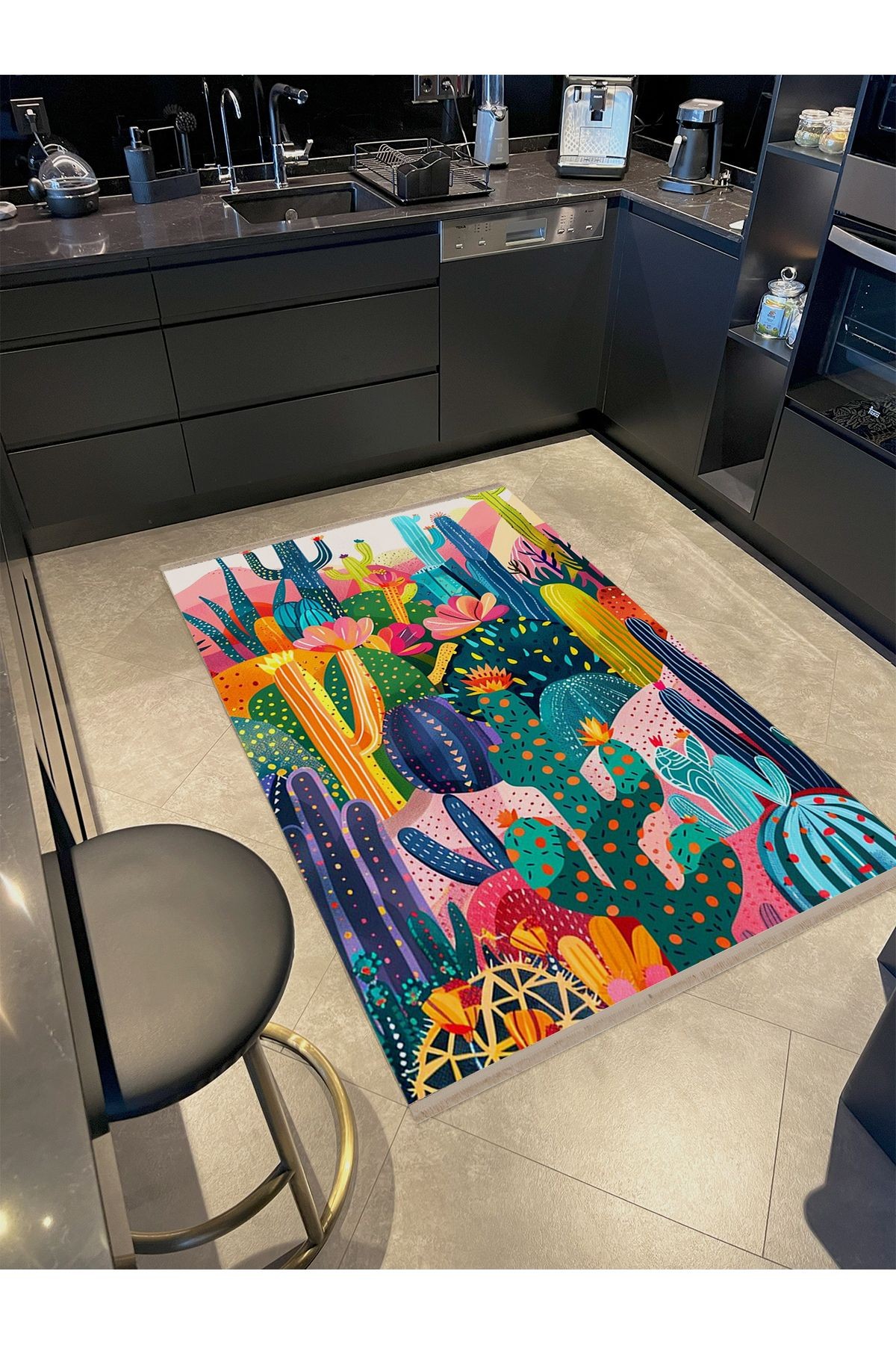 Efe Koleksiyonu Çok Renkli Kaktüs Figürleri Desenli Dokuma Taban Modern Dekoratif Halı 28
