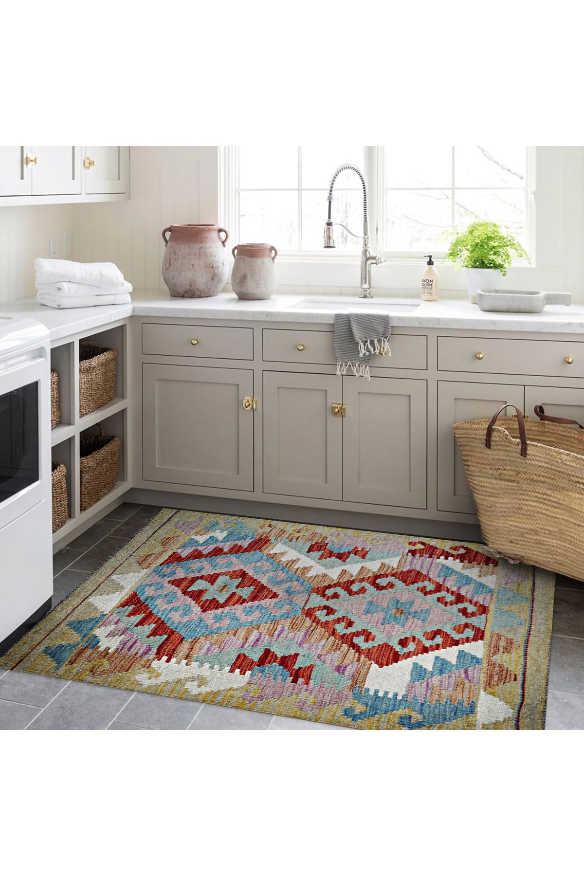 Mete Koleksiyonu Çok Renkli Geometrik Motifler Desenli Vintage Dekoratif Halı 14