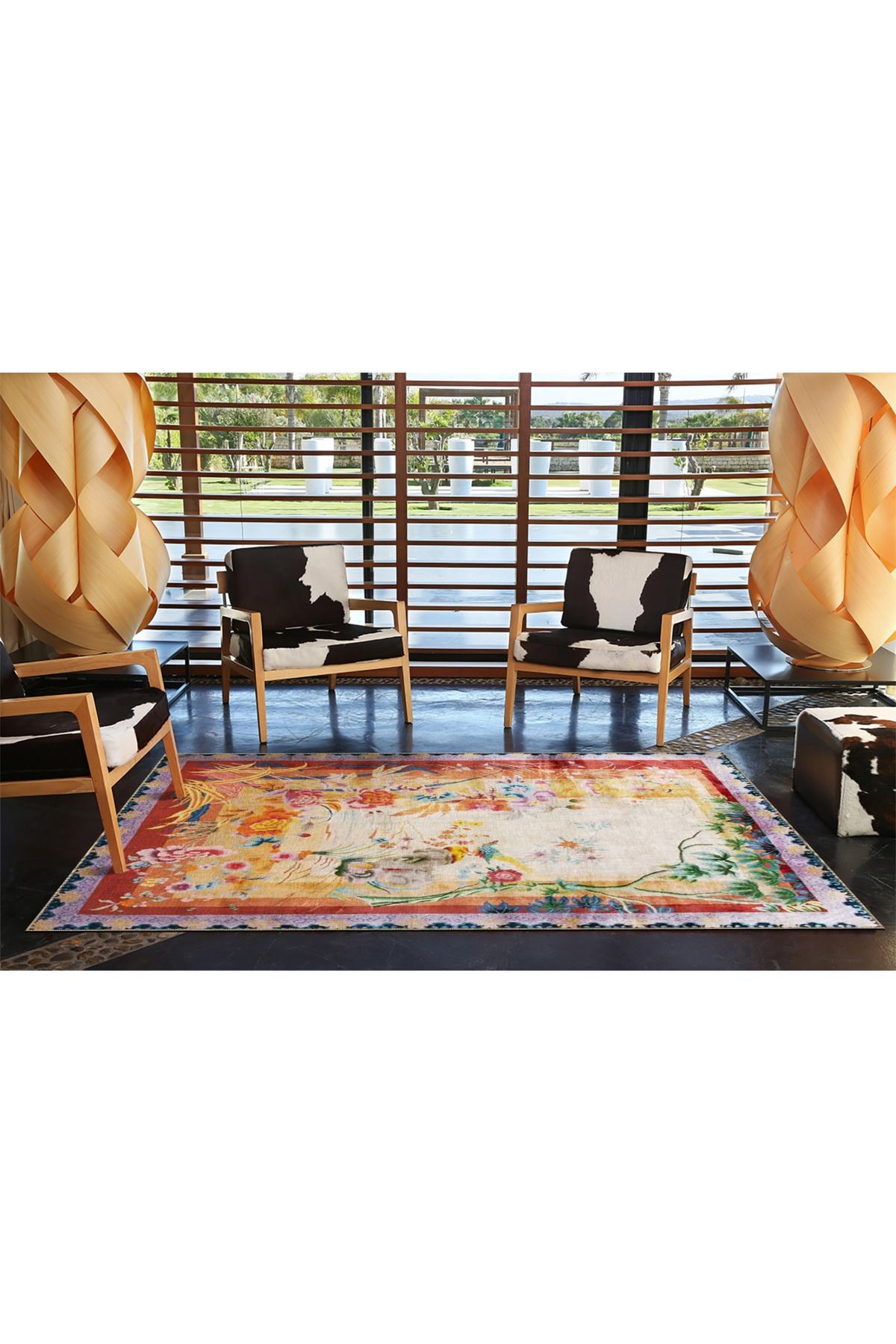 Botanik Temalı Çok Renkli Soyut Çiçek ve Gül Desenli Modern Dekoratif Halı 3485