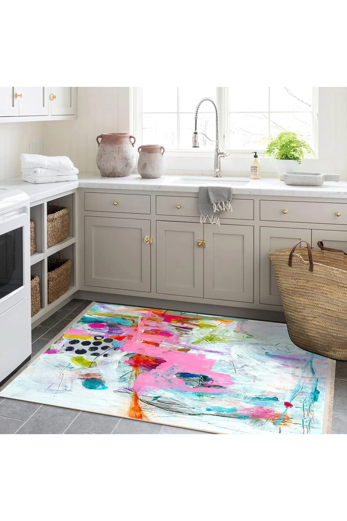 Özge Koleksiyonu Yağlı Boya Görünümlü Çok Renkli Soyut Desenli Dokuma Taban Dekoratif Halı özge17