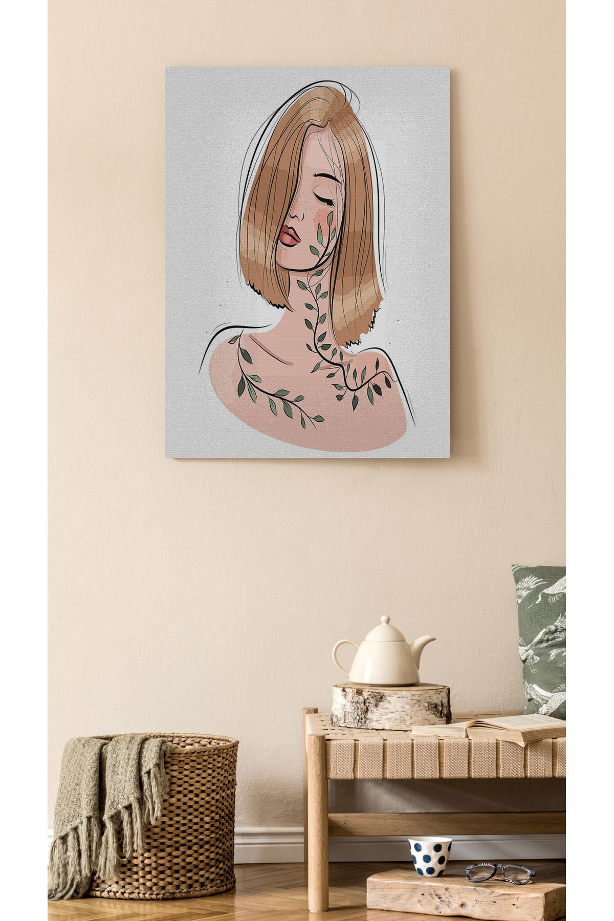 Kanvas Tablo Yapraklı Kız Desenli Modern Tablo