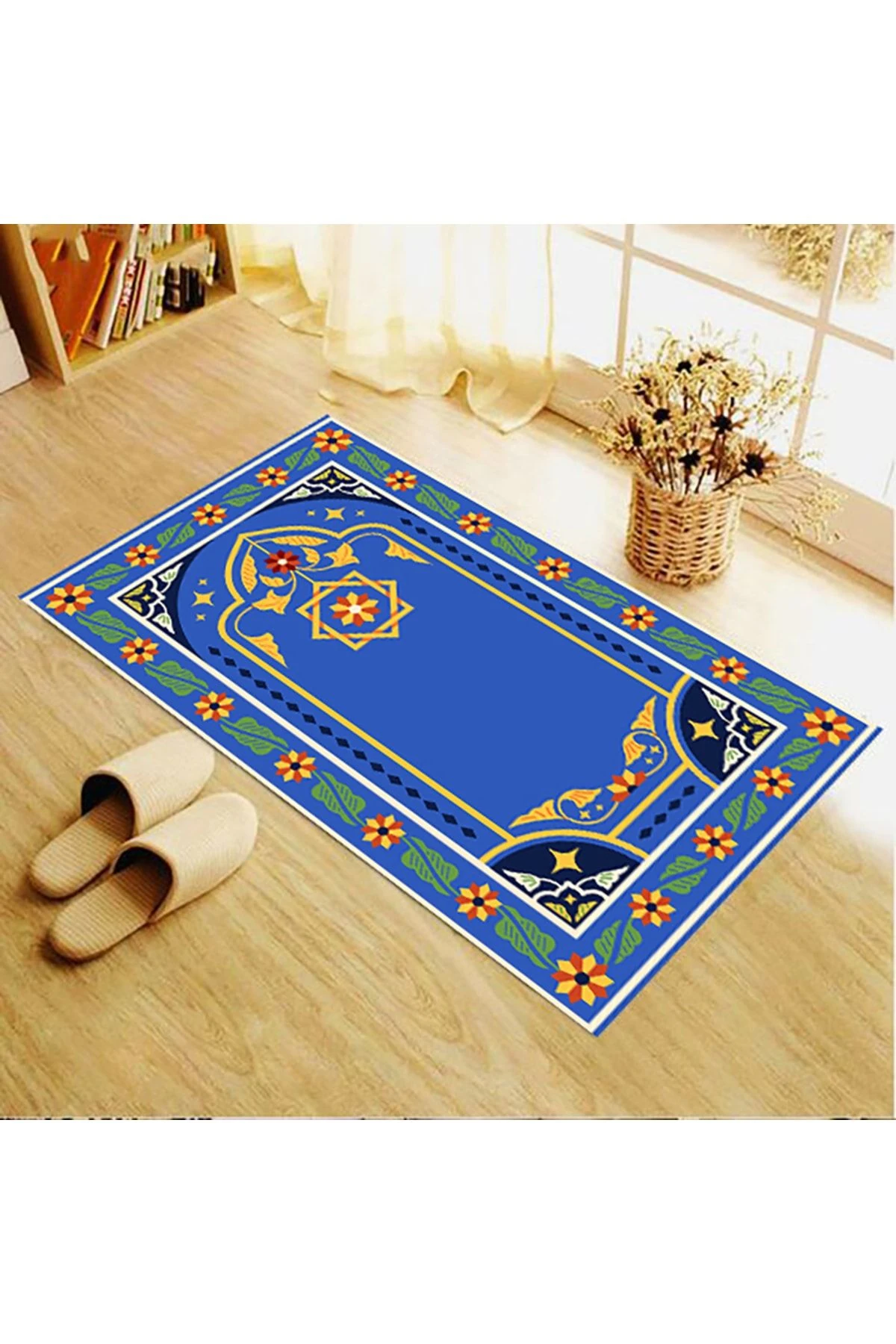 Mavi Çiçekli Geometrik Desenli Seccade 70x120