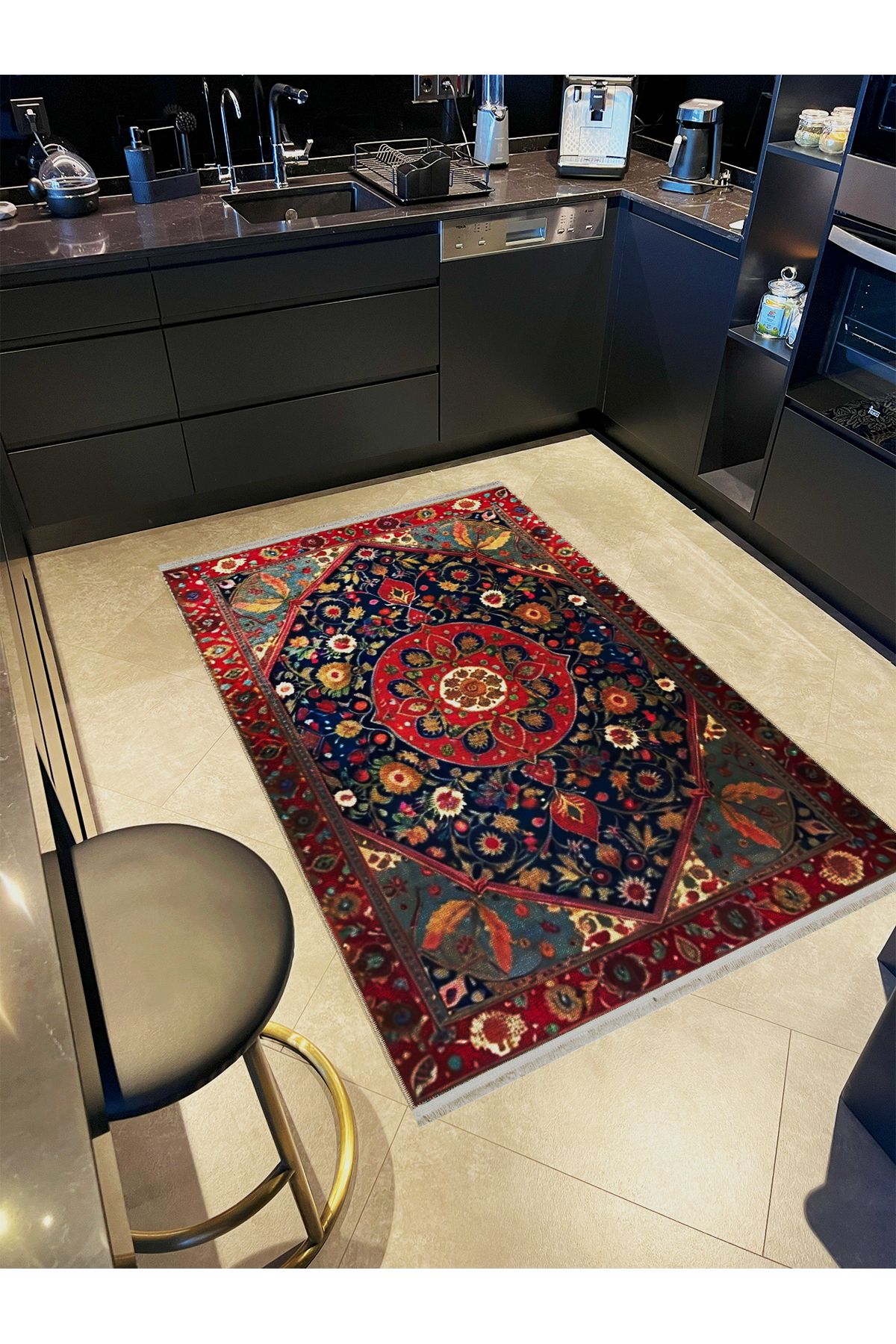 Kırmızı Çiçekli Bordür Detaylı Lacivert Desenli Antik Tasarım Serisi Modern Dekoratif Halı antik175