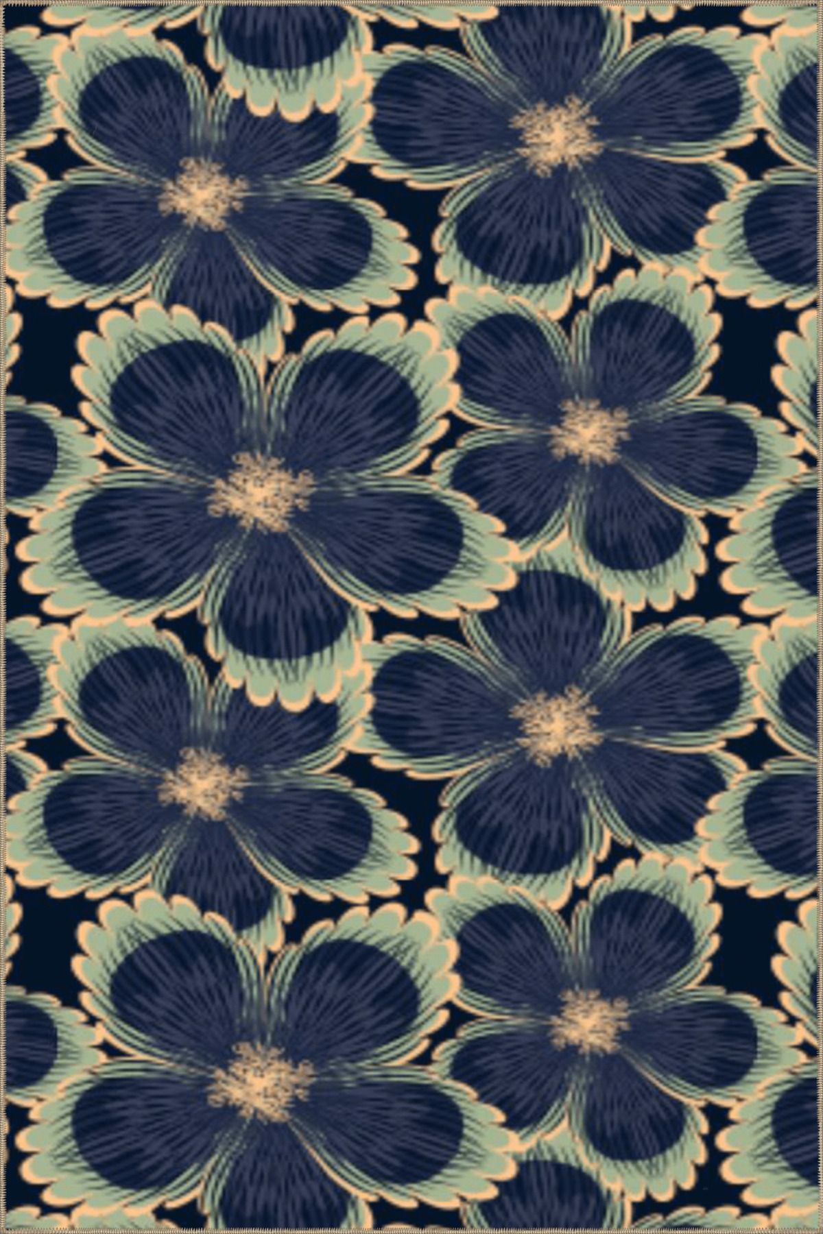 Siyah Lacivert Temalı Floral Çiçek Desenli Kreatif Modern Dekoratif Halı 3600