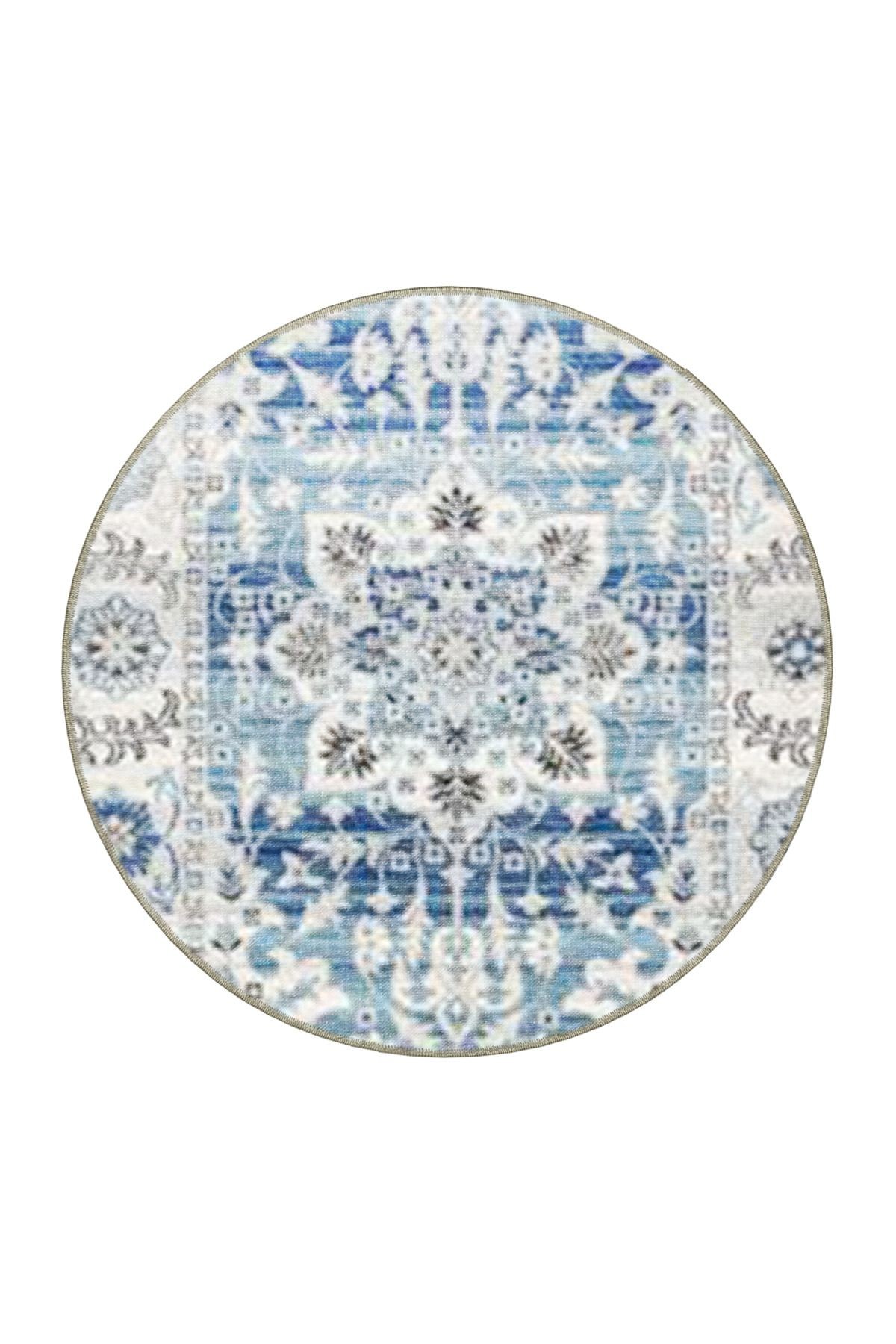 Gri Mavi Temalı Geleneksel Motif Çiçek Desenli Vintage Dekoratif Halı 4545