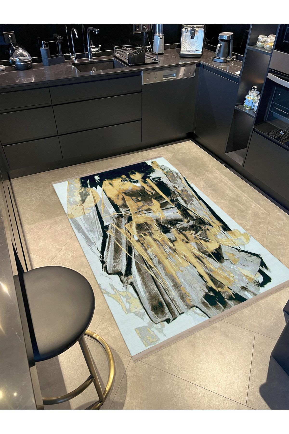 Barcelona Koleksiyonu Siyah Sarı Bej Soyut Desenli Dokuma Taban Modern Dekoratif Halı barcelona36