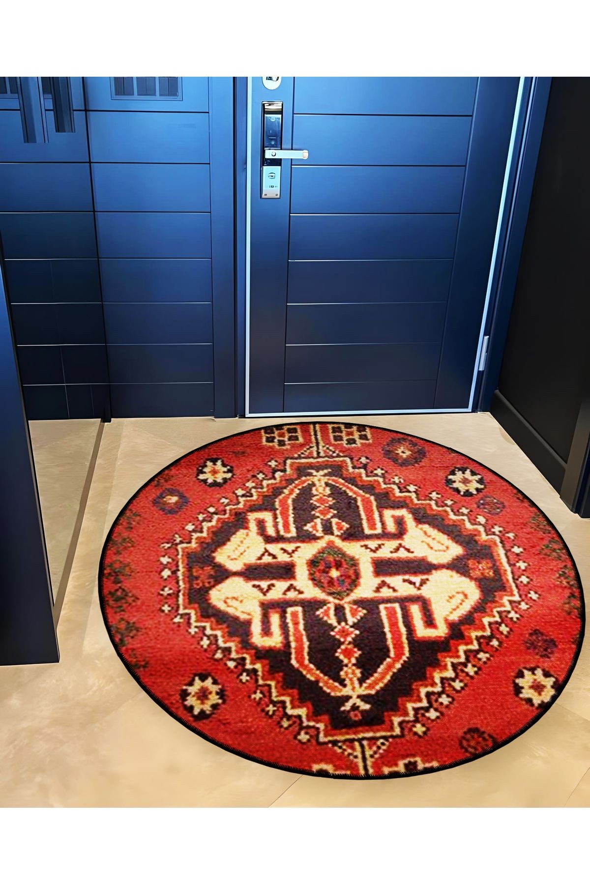 Turuncu Bej Temalı Etnik Motif Geleneksel Desenli Yuvarlak Dokuma Taban Vintage Dekoratif Halı 6219