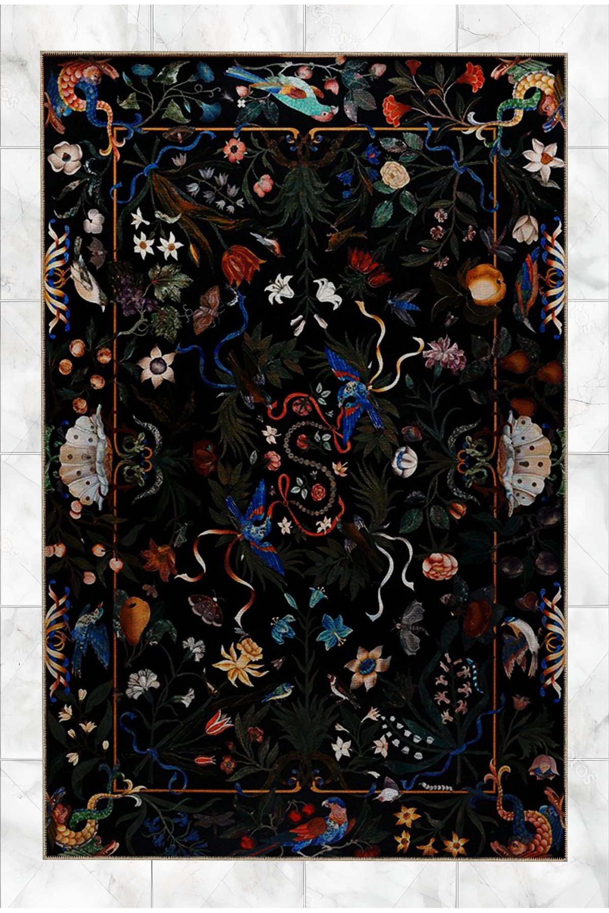 Çok Renkli Sarmaşık Çiçek ve Kuş Desenli Vintage Dekoratif Halı 5252