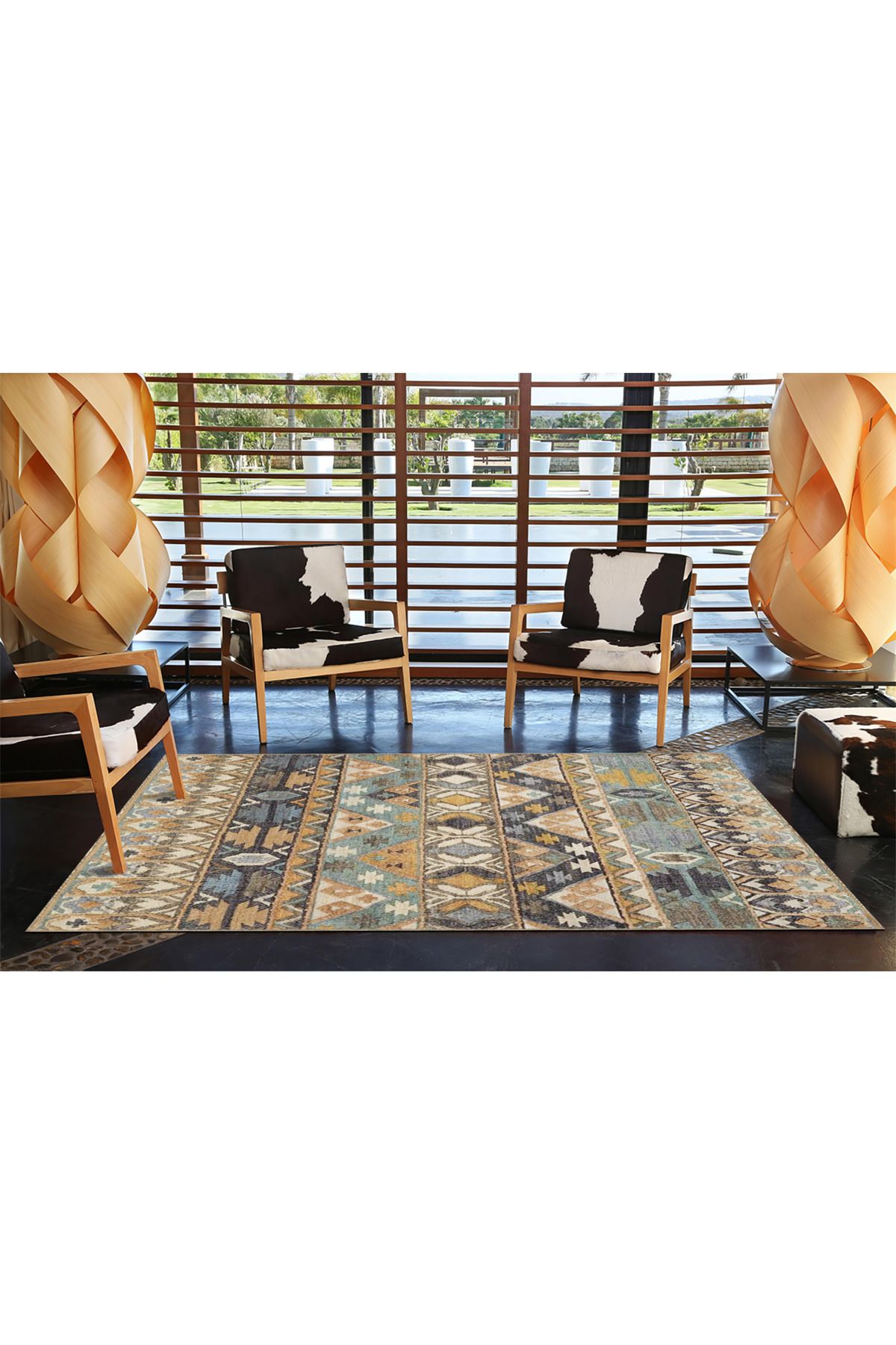 Mavi Bej Temalı Motifli Etnik Desenli Vintage Dekoratif Halı 3896