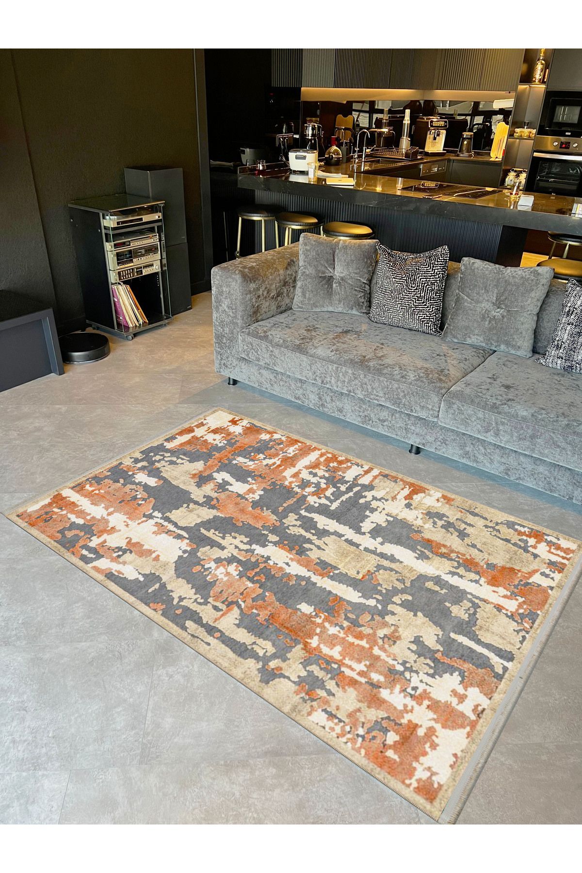 Alya Koleksiyonu Gri Turuncu Soyut Desenli Dokuma Taban Dekoratif Halı alya44