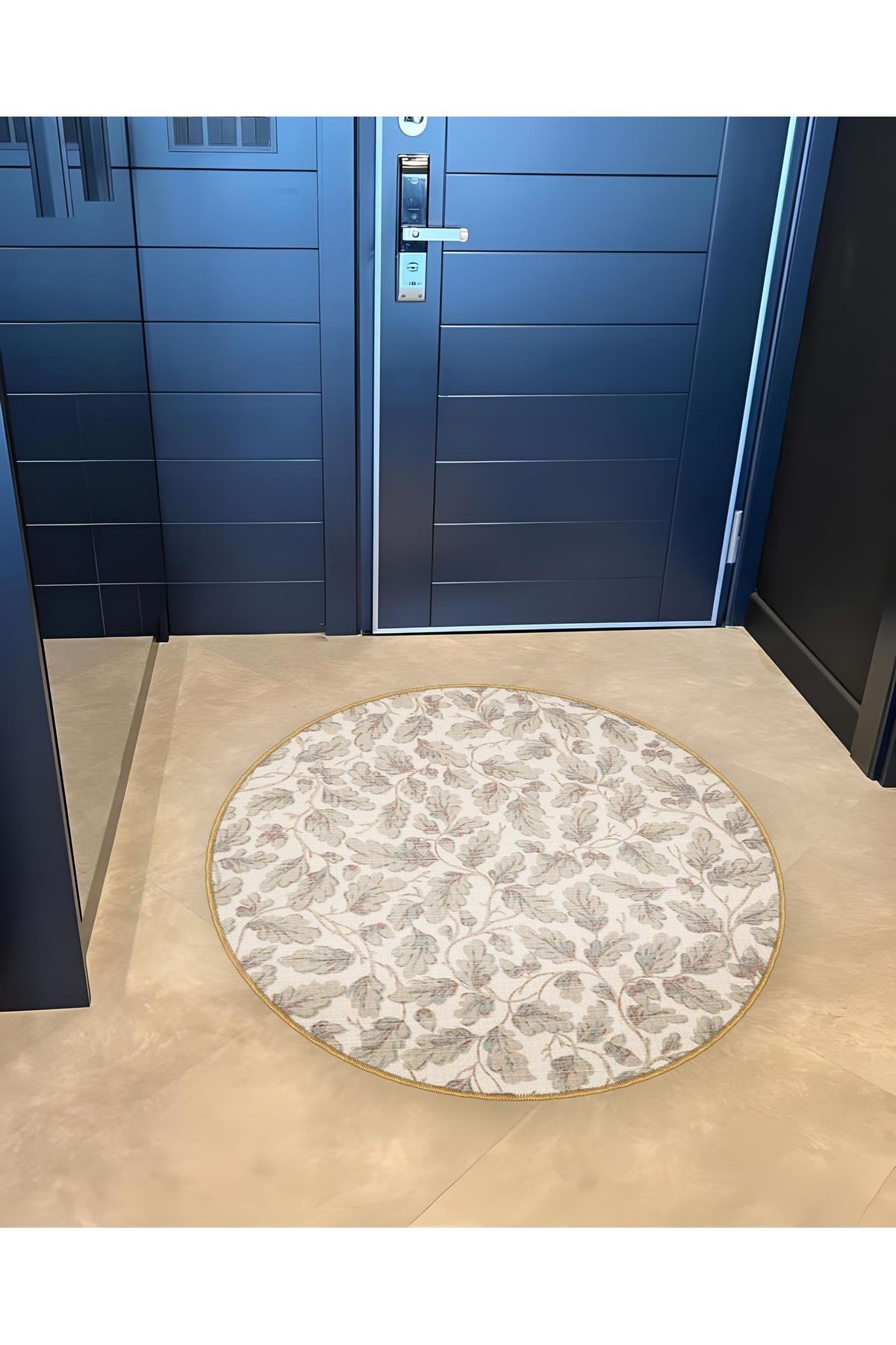 Bej Temalı Çiçek Desenli Yuvarlak Dokuma Taban Modern Dekoratif Halı 6098
