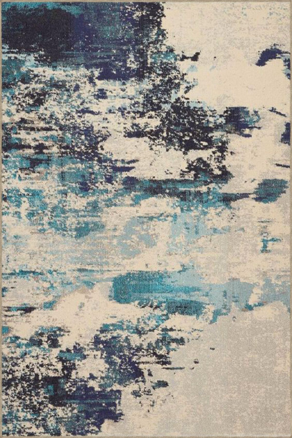 Krem Mavi Boyalı Desenli Dokuma Taban Halı ve Yıkanabilir Halı miravip10122