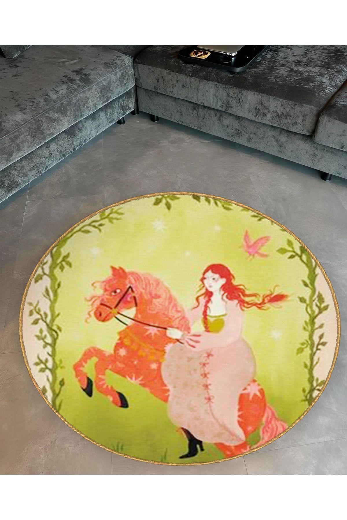 Yeşil Tema Atlı Prenses Desenli Yuvarlak Dokuma Taban Vintage Dekoratif Halı 6109