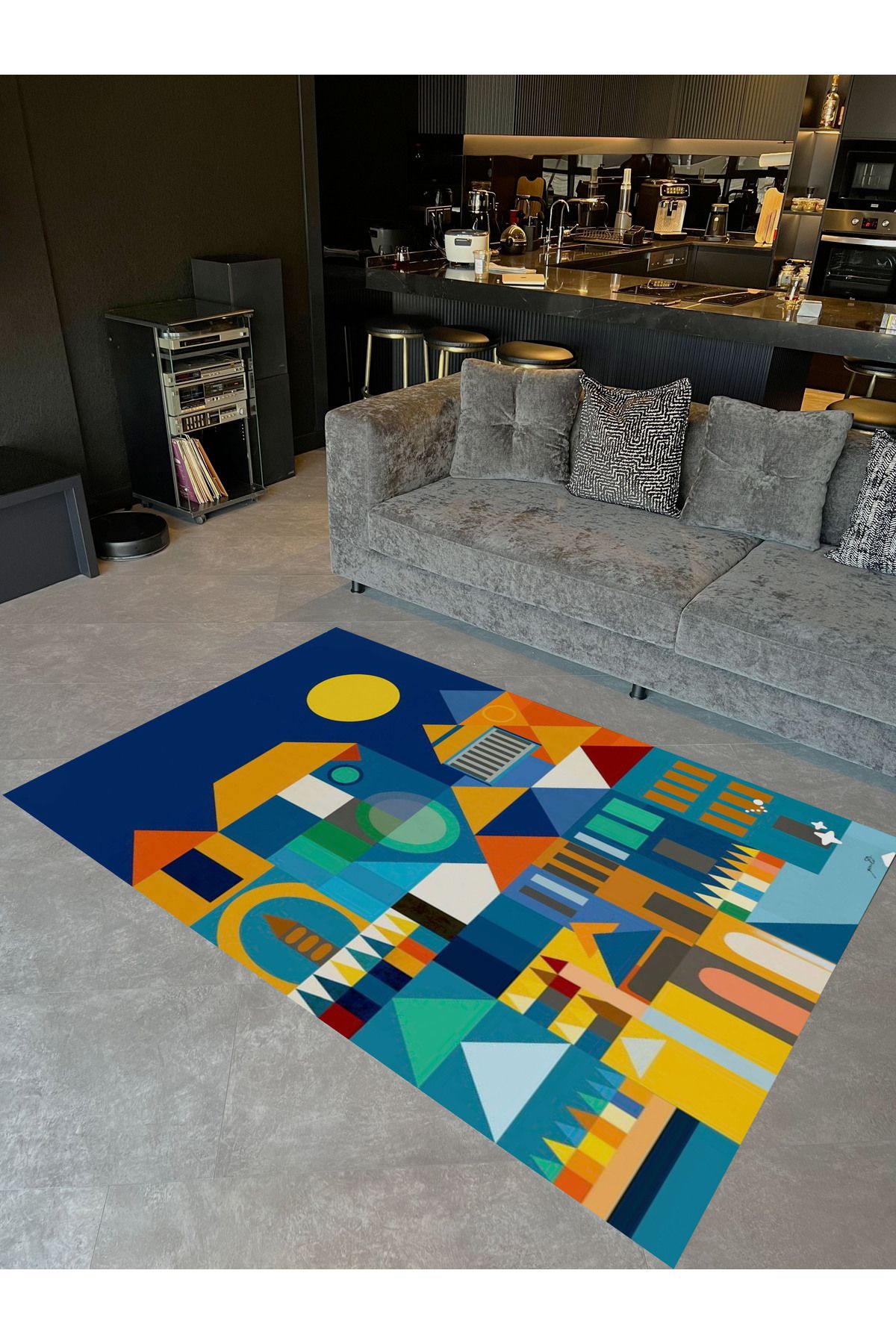 Güneş Koleksiyonu Çok Renkli Evler Desenli Dokuma Taban Modern Dekoratif Halı güneş04