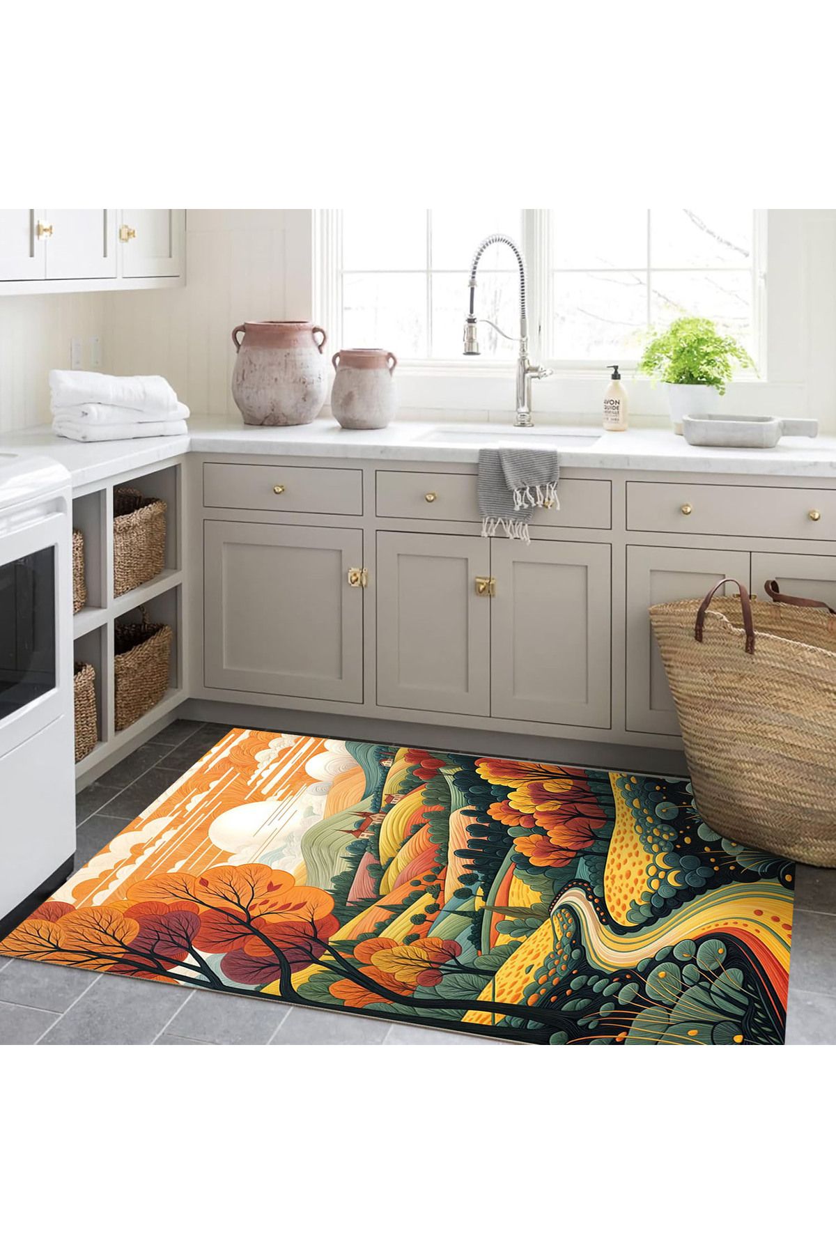 Kubilay Koleksiyonu Çok Renkli Dağ Yolu Ağaç ve Çiçekler Desen Dokuma Taban Modern Dekoratif Halı 10