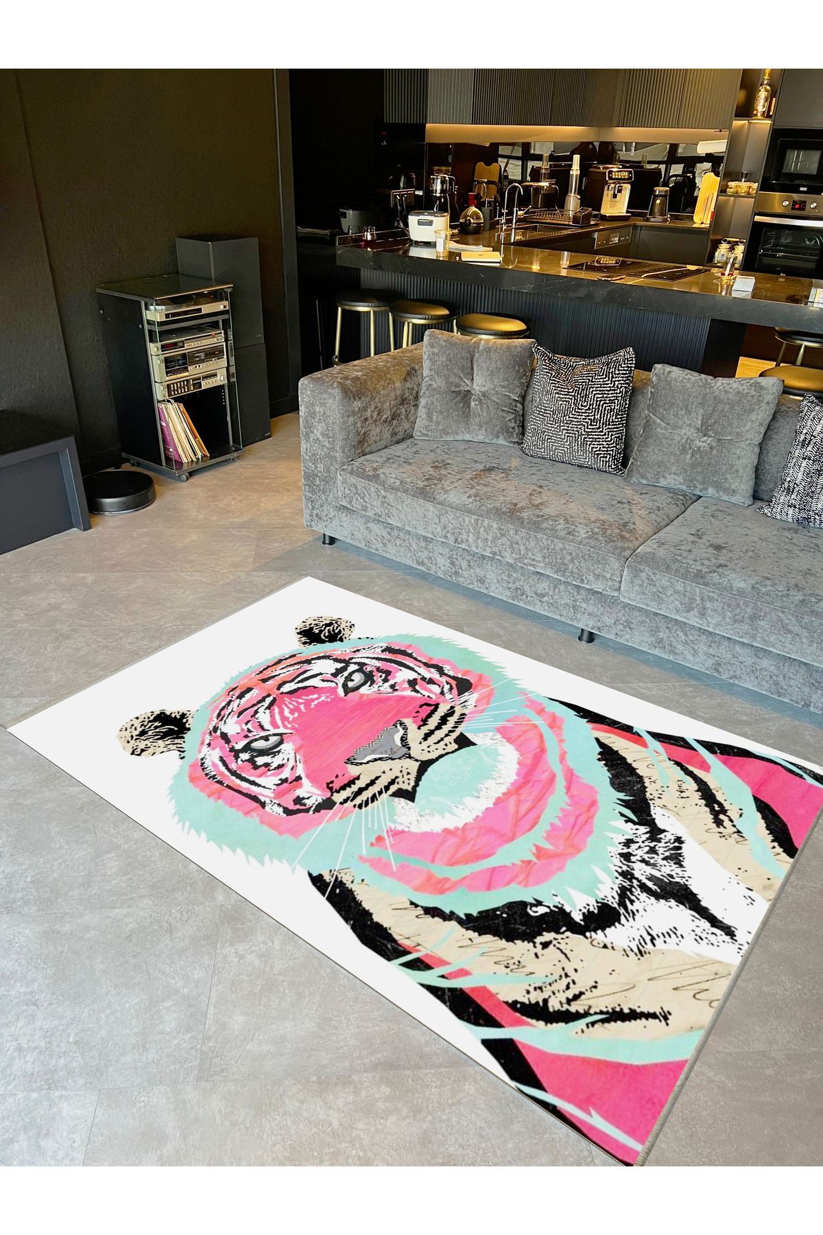 İnci Koleksiyonu Pembe ve Mavi Detaylı Kaplan Desenli Dokuma Taban Modern Dekoratif Halı inci31