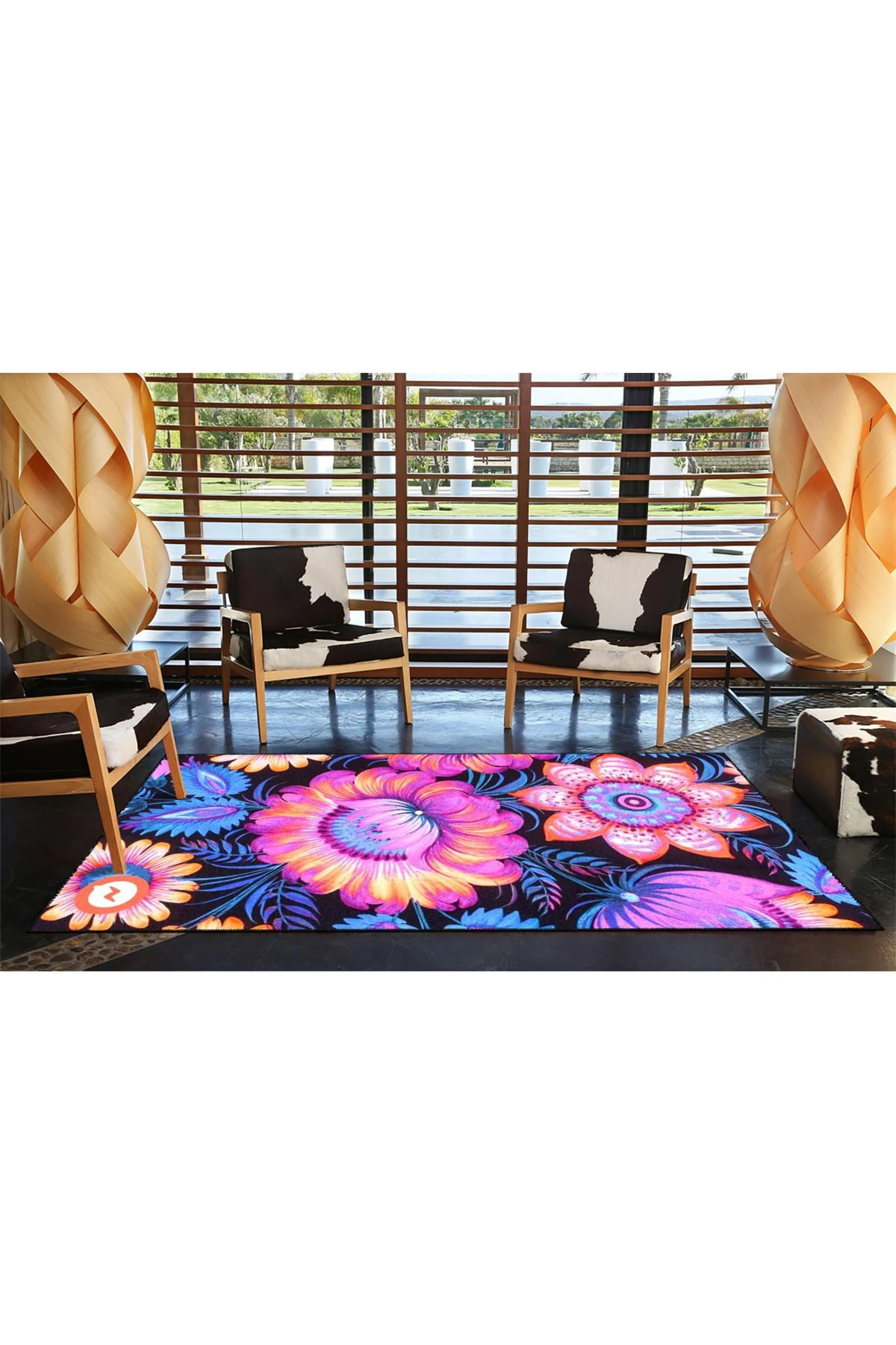 Mor ve Mavi Renkli Çiçekli Floral Modern Dekoratif Halı miravip168