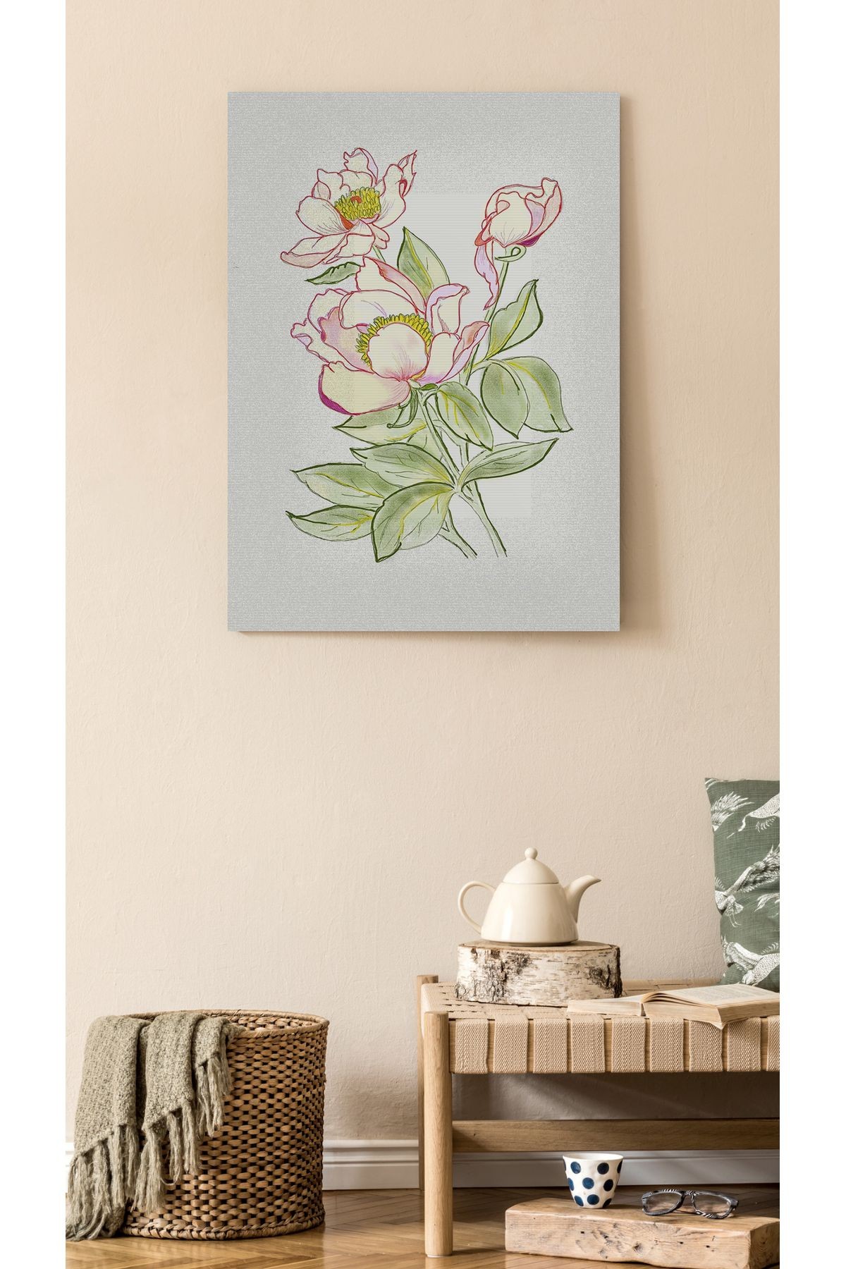 Kanvas Tablo Krem Yeşil Çiçek Modern Tablo