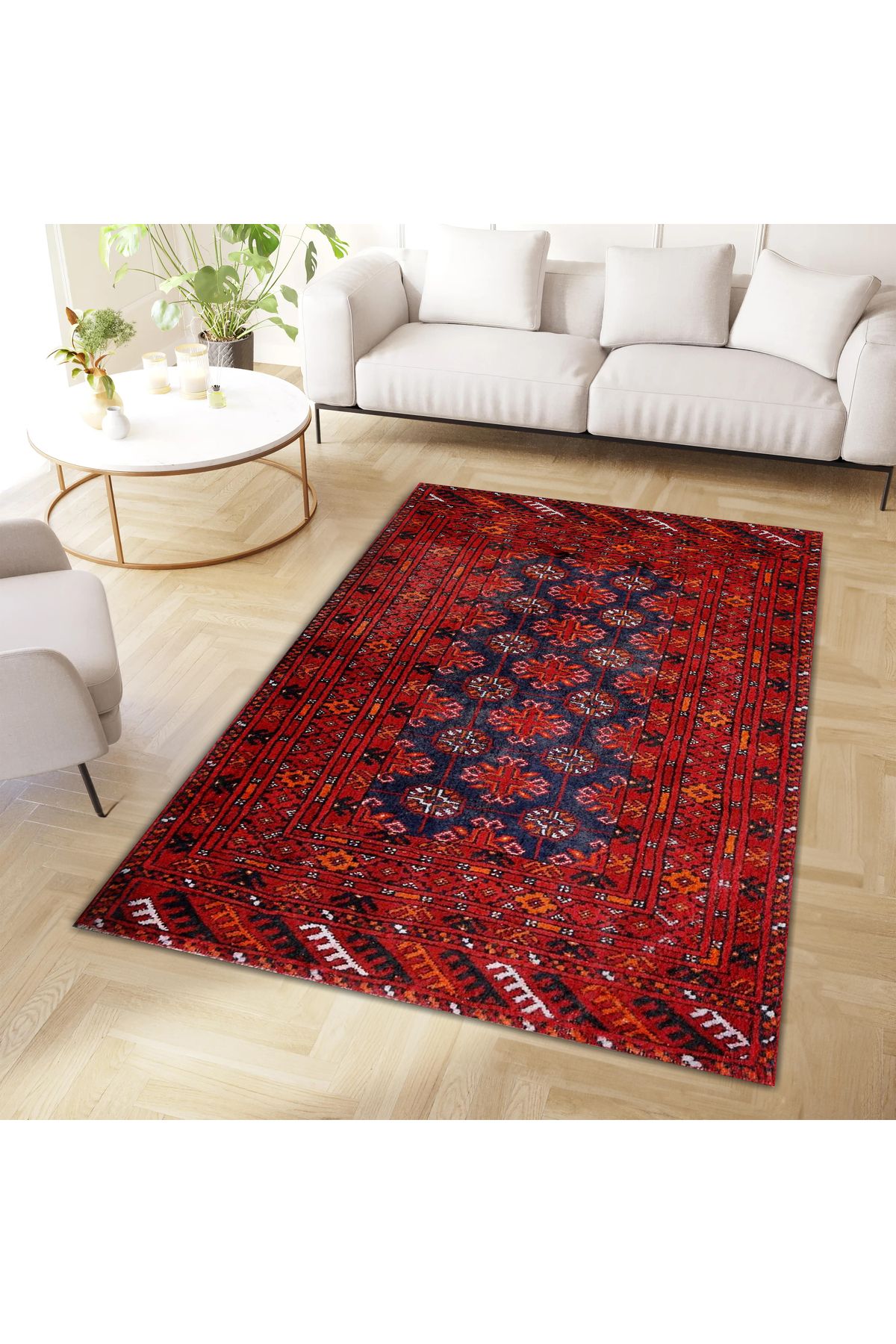 Mete Koleksiyonu Lacivert ve Bordo Temalı Geleneksel Motifler Desenli Vintage Dekoratif Halı 16