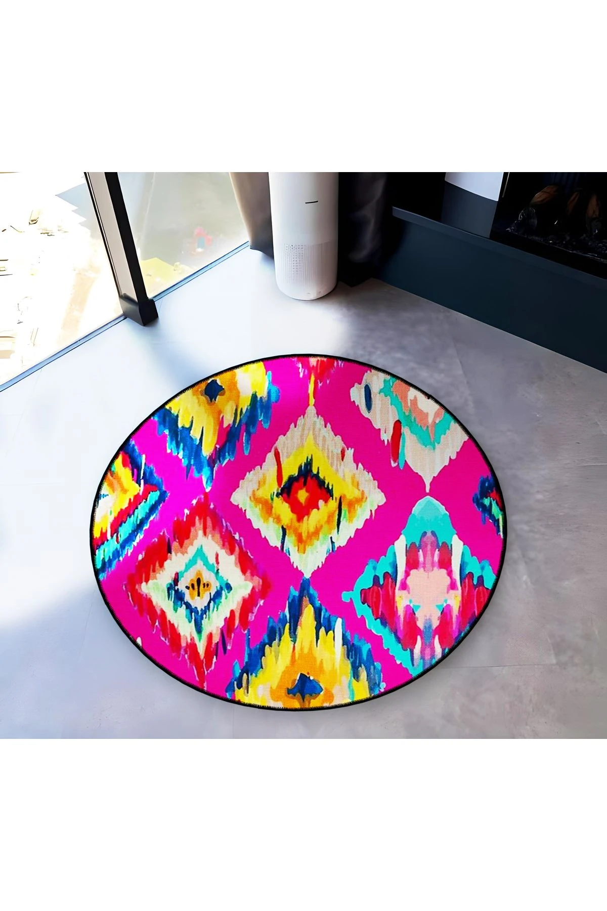 Mira Yuvarlak Pembe Çok Renkli Şekiller Dokuma Taban Modern Dekoratif Halı 5650