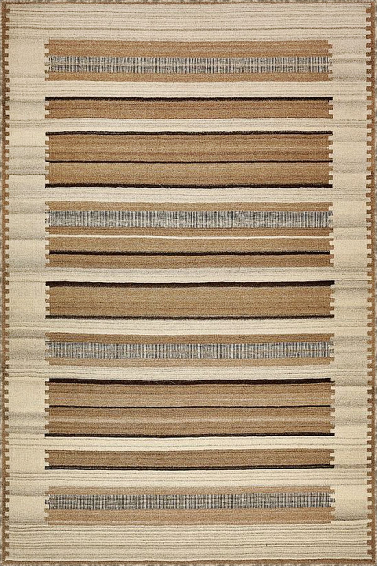 Kahverengi Çizgili ve Geometrik Desenli Modern Dekoratif Halı 4445