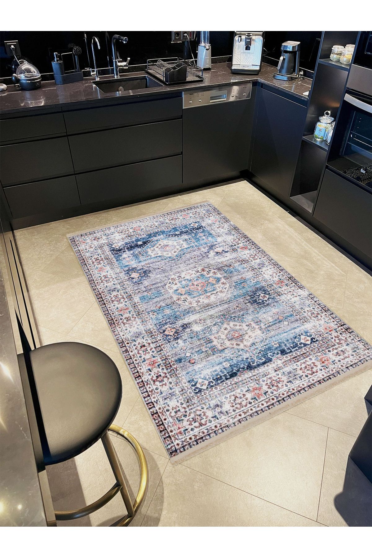 Alya Koleksiyonu Eskitme Görünümlü Mavi Desenli Dokuma Taban Dekoratif Halı alya45