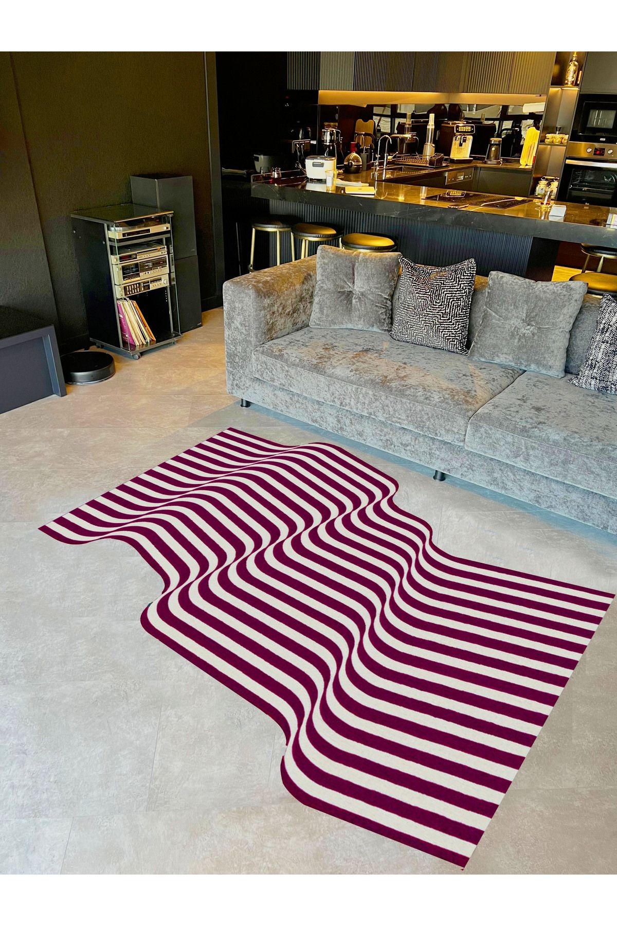 Rio Koleksiyonu Bordo Beyaz Dalgalı Desen Asimetrik Detay Dokuma Taban Modern Dekoratif Halı rio08-B