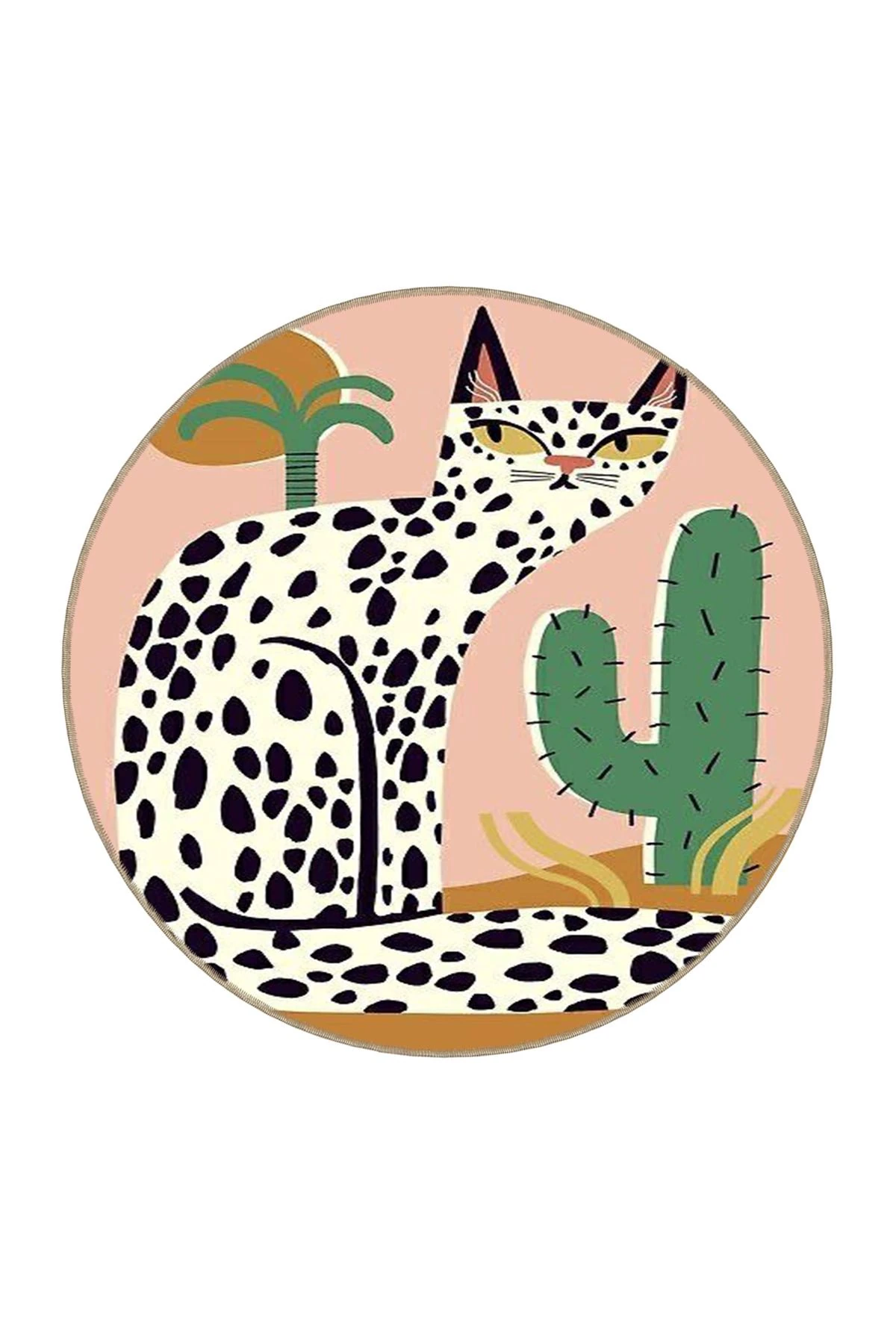 Pembe Renk Temalı Kaktüs ve Kedi Desenli Halı 3714