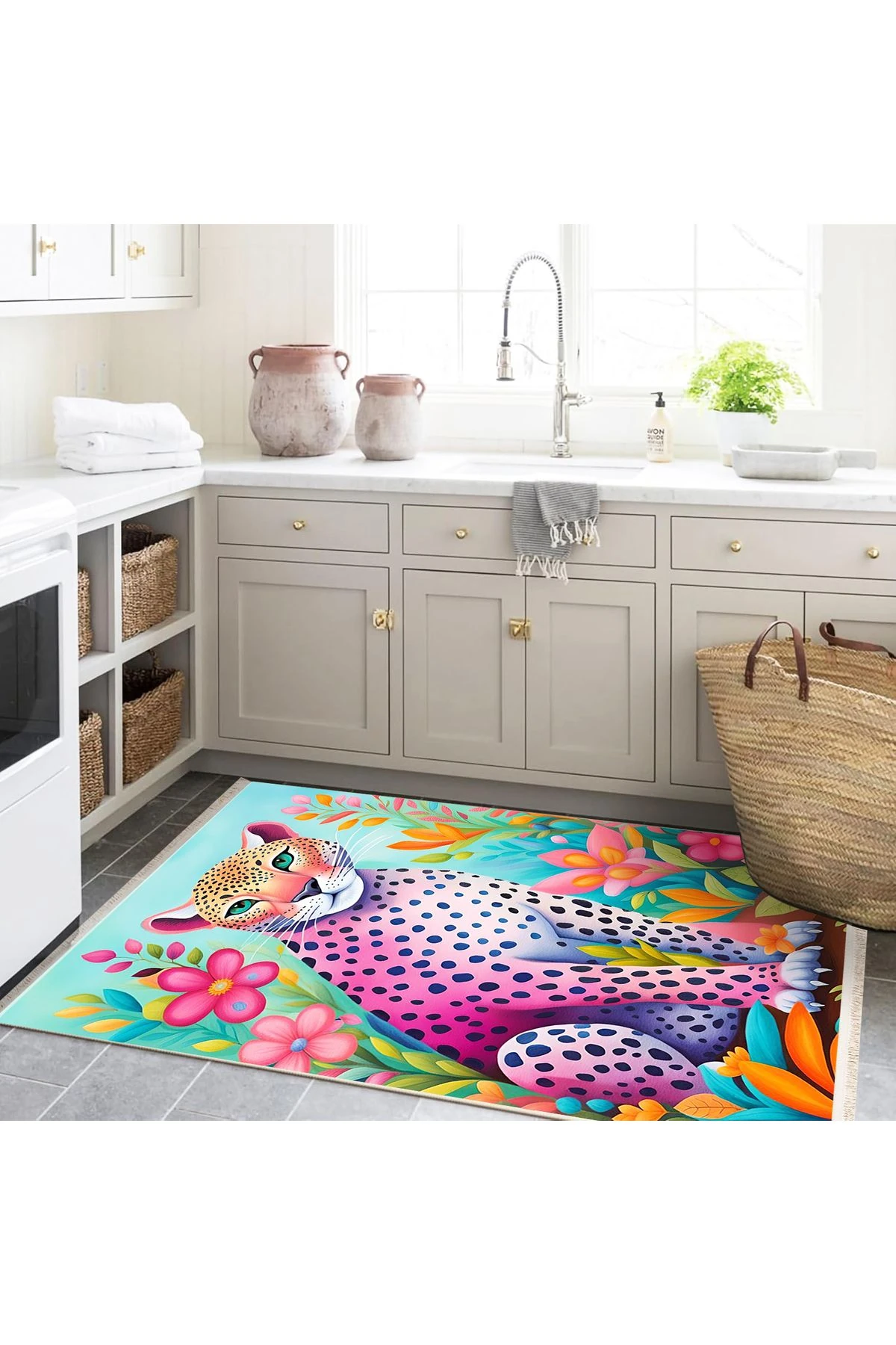 Özge Koleksiyonu Çok Renkli Çiçek Detaylı Yavru Kaplan Desenli Dokuma Taban Dekoratif Halı özge37