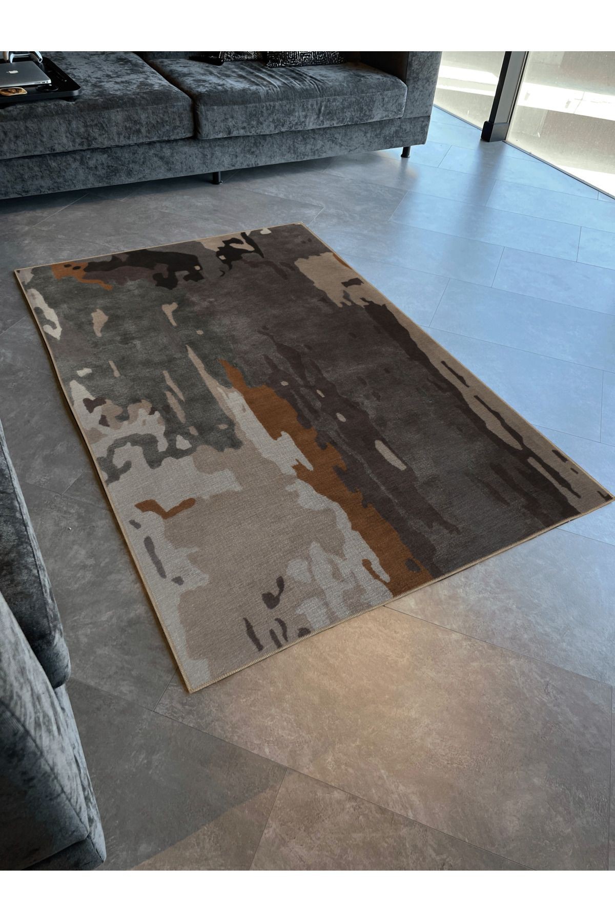 Gri Temalı Abstract Soyut Desenli Kreatif Modern Dekoratif Halı 3156