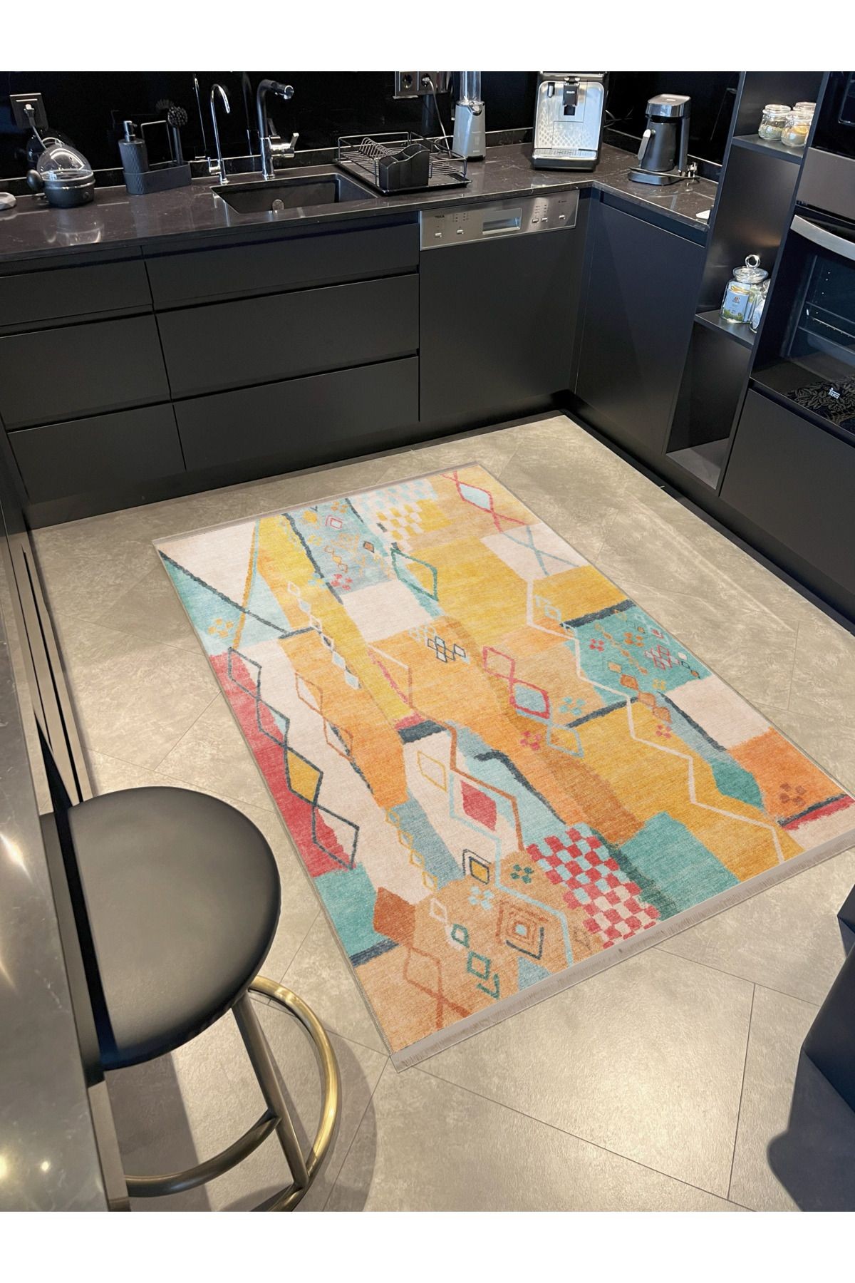 Çok Renkli Karma Motifli Geometrik Desenli Saçaklı Vintage Dekoratif Halı 3282