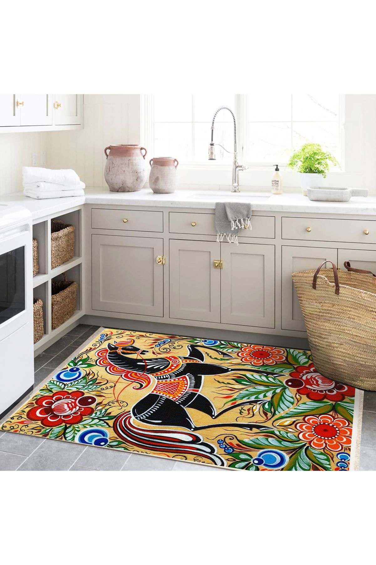 Yılmaz Koleksiyonu Çok Renkli Asil At ve Çiçek Figürleri Desenli Kreatif Modern Dekoratif Halı 07