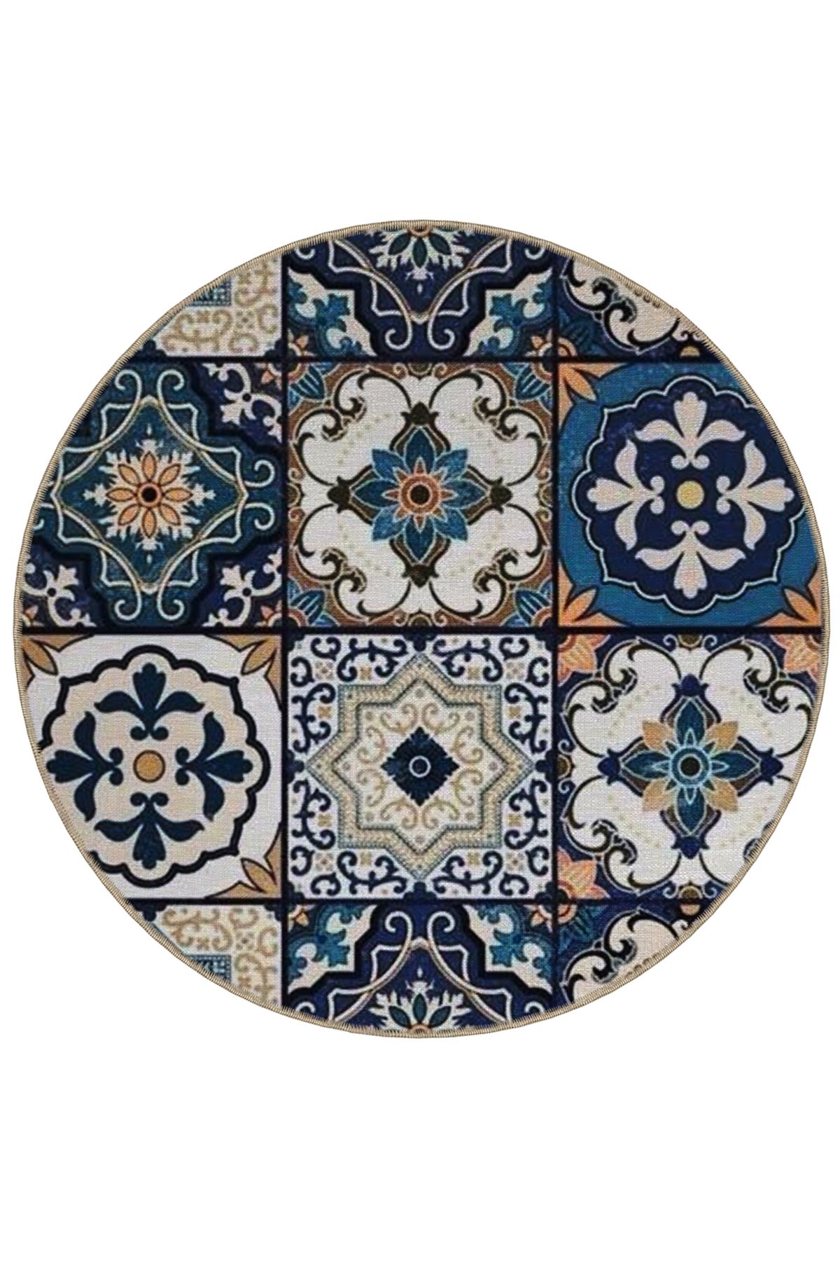 Mira Yuvarlak Mavi Tonlarda Antik Çini Deseni Detaylı Dekoratif Halı 5528