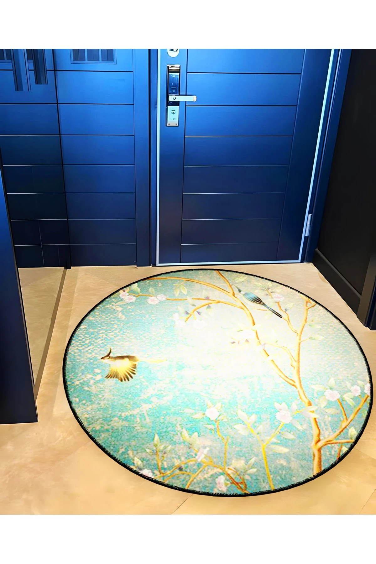 Mira Yuvarlak Mavi Tonlarda Dal ve Kuş Detaylı Dokuma Taban Modern Dekoratif Halı 5718