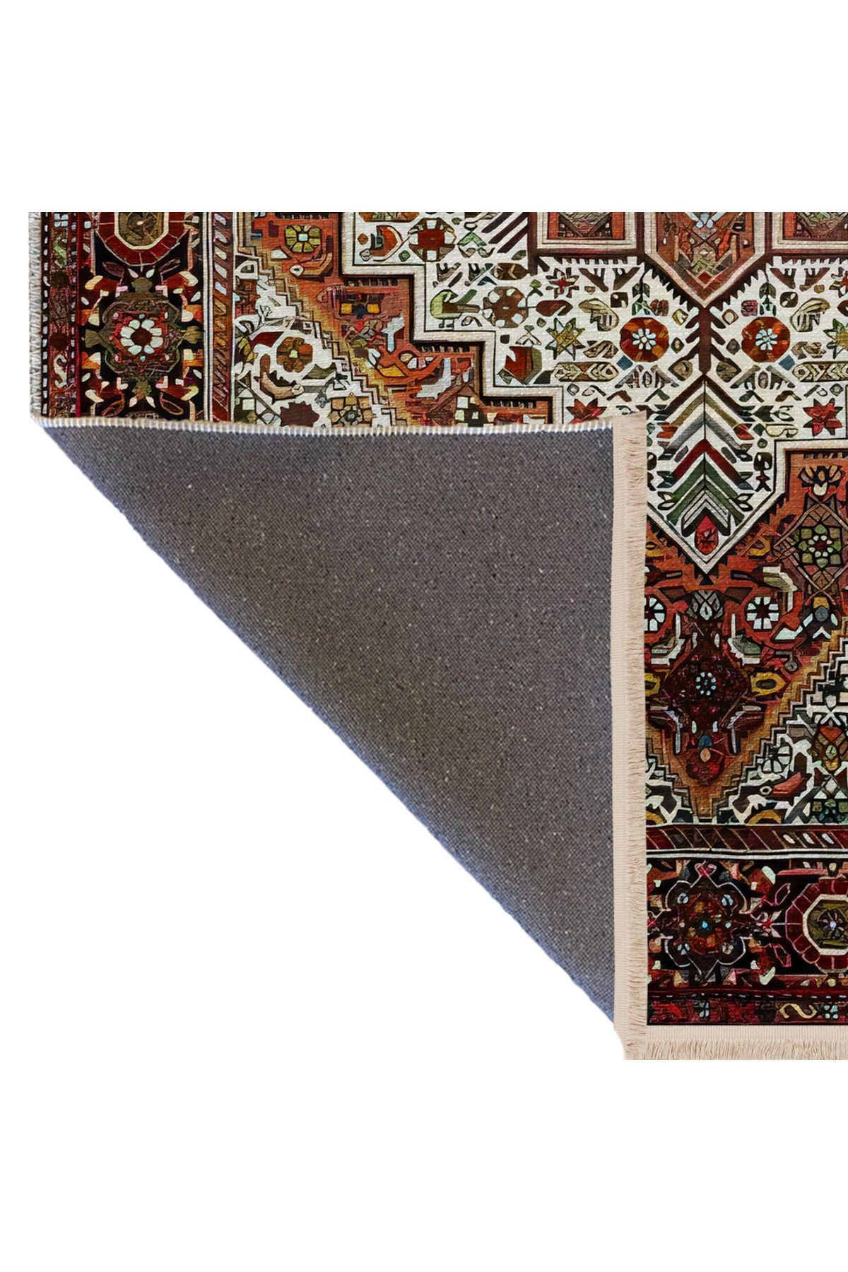 Kahve Bej Temalı Çok Renkli Geleneksel Motif Etnik Desenli Vintage Dekoratif Halı 2561