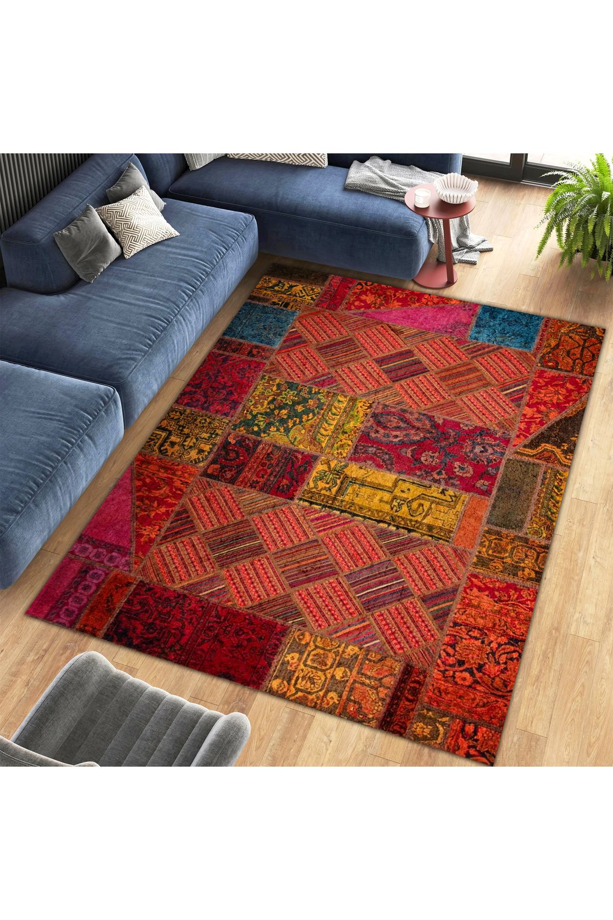 Cansu Koleksiyonu Patchwork Görünümlü Çok Renkli Dokuma Taban Modern Dekoratif Halı cansu08