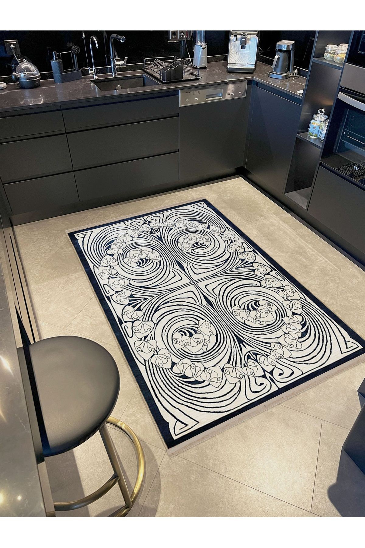 Hilal Koleksiyonu Siyah Desen ve Çerçeve Detaylı Dokuma Taban Modern Dekoratif Halı hilal26