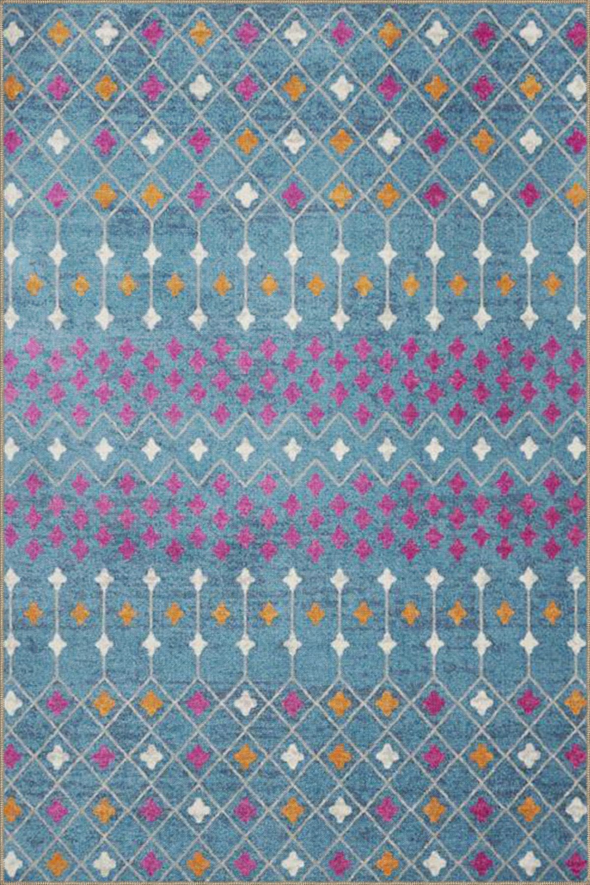 Mavi Arkplan Renklerinde Baklavalı Desenli Dokuma Taban ve Dekoratif Halı miravip628