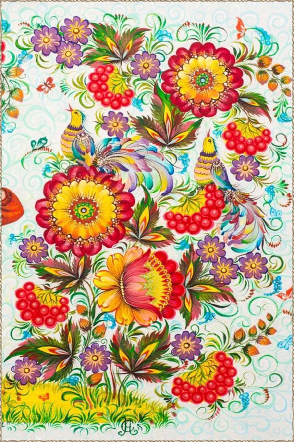 Turuncu ve Sarı Renkli Çiçekli Floral Dekoratif Halı miravip163