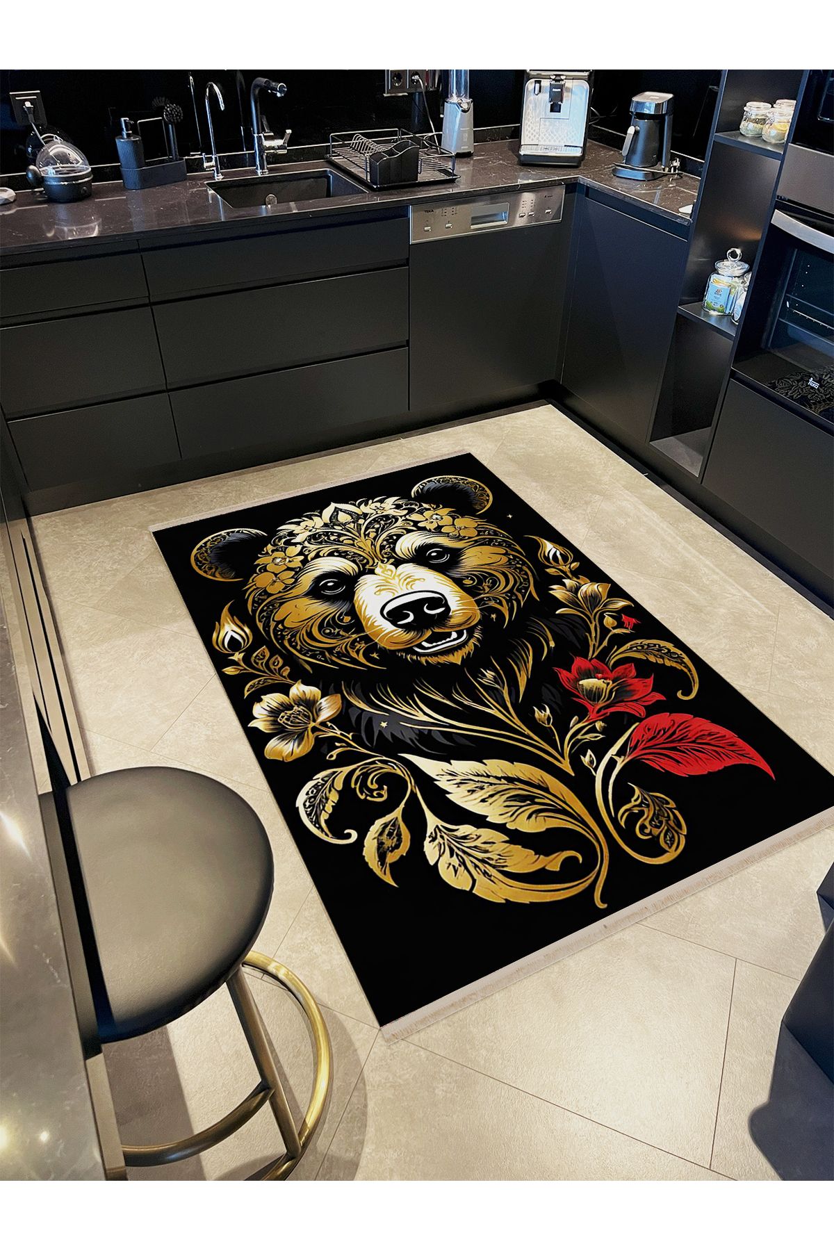 Yılmaz Koleksiyonu Siyah Sarı Kreatif  Ayı Desenli Dokuma Taban Modern Dekoratif Halı yılmaz28