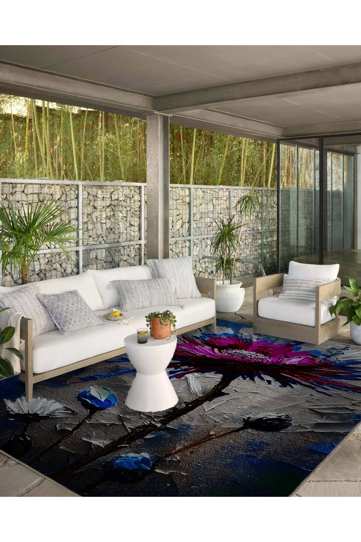 Gri Mavi Pembe Renkler Soyut Floral Çiçek Desenli Modern Dekoratif Halı 5389