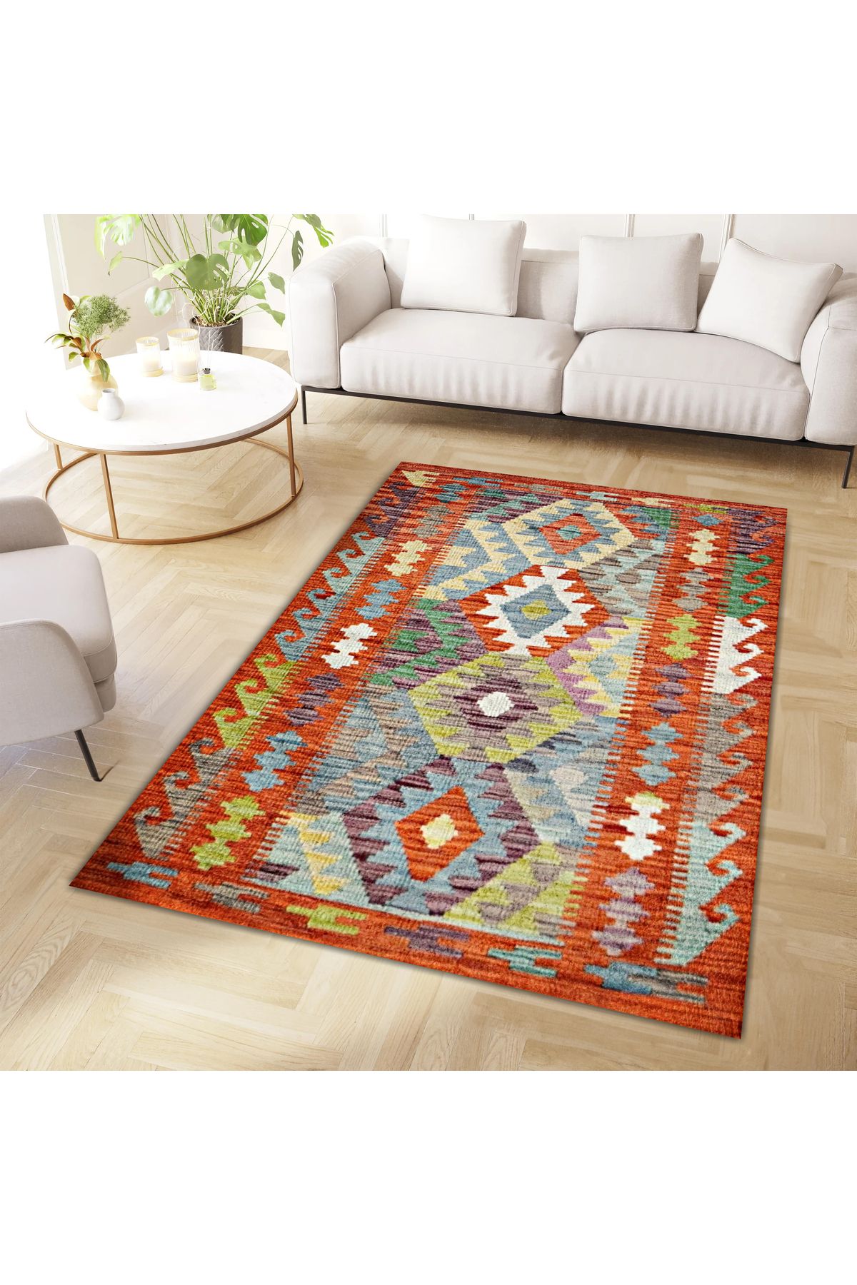 Asena Koleksiyonu Çok Renkli Geometrik Şekilli İskandinav Desenli Vintage Dekoratif Halı 01