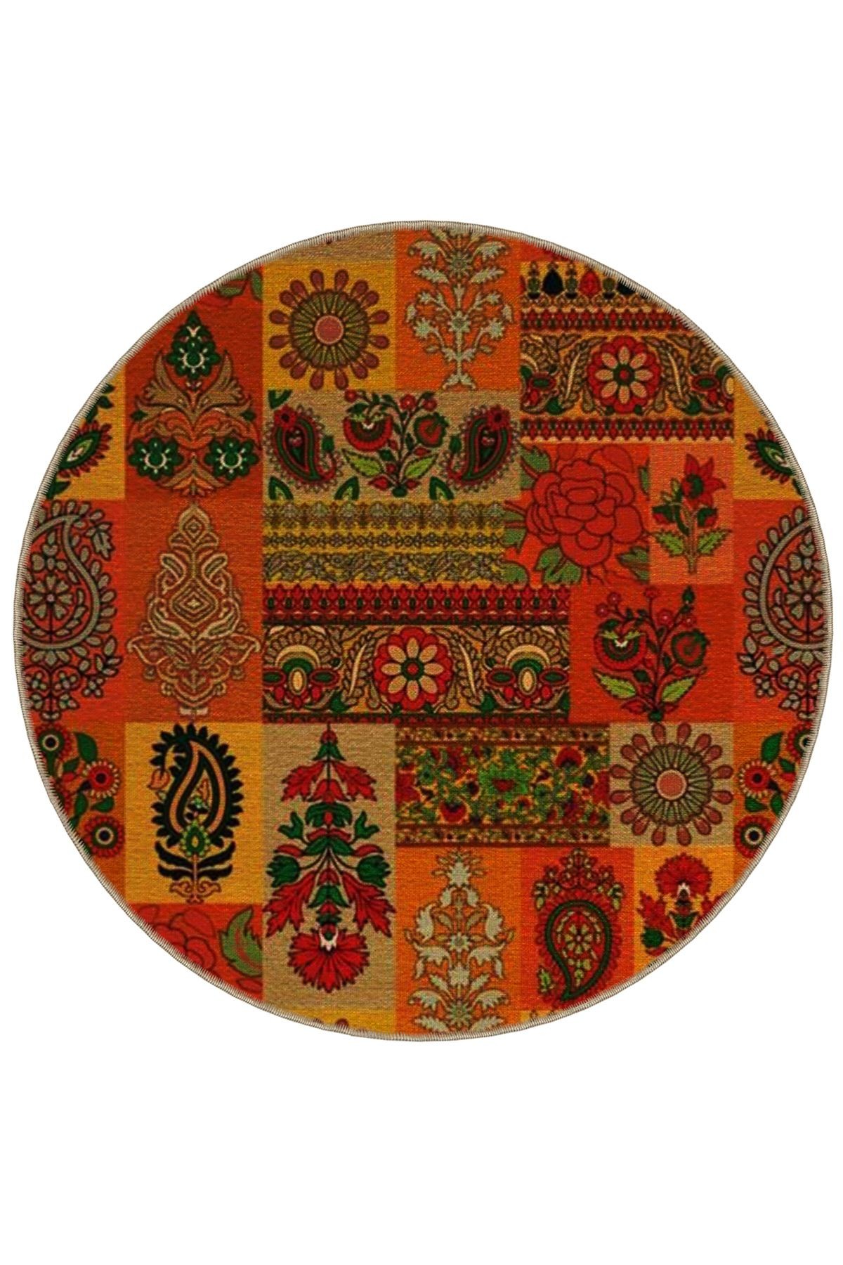 Mira Yuvarlak Turuncu Tonlarda Etnik Desenli Modern Dekoratif Halı 5538