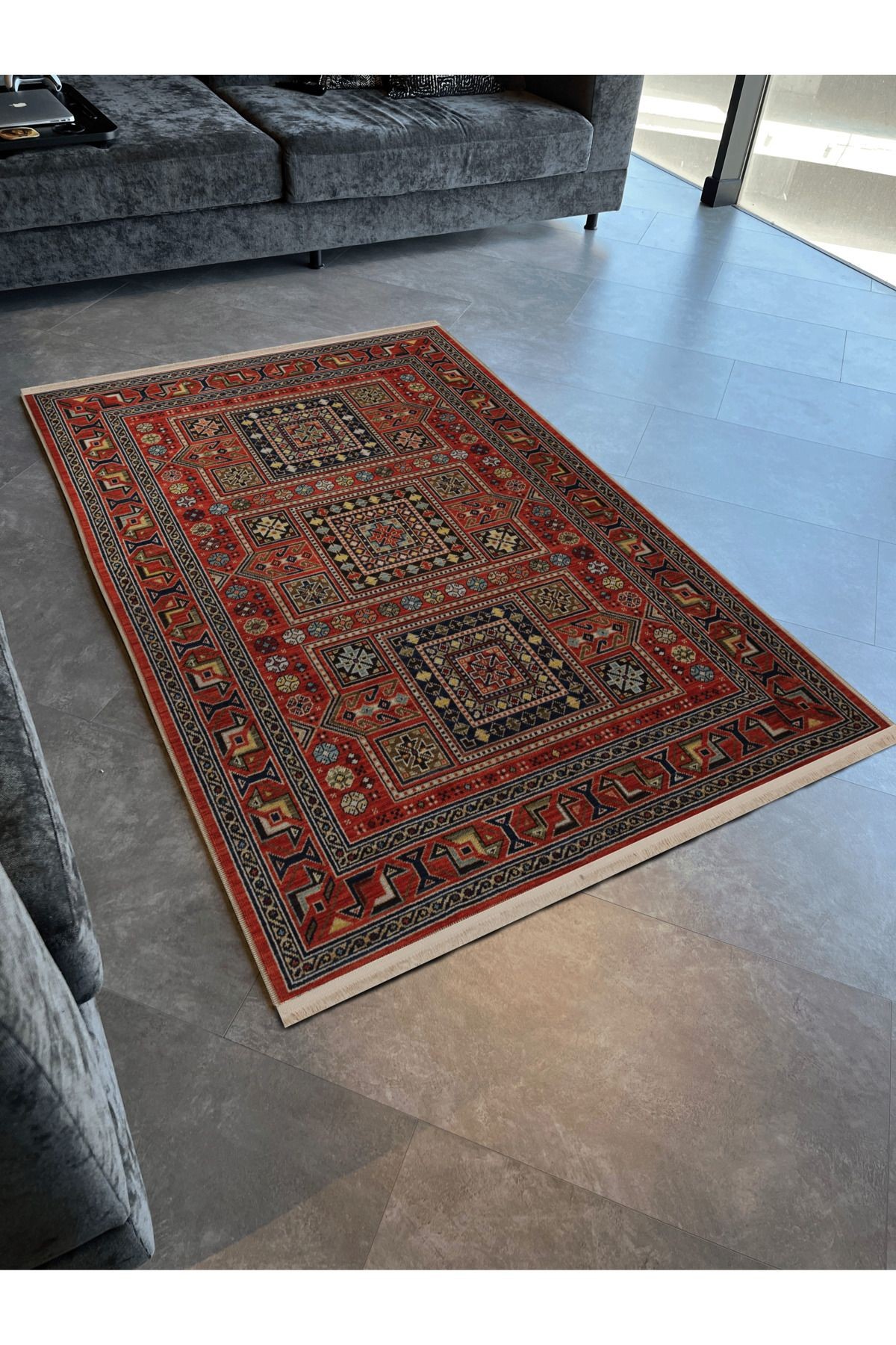 Kırmızı Temalı Geleneksel Motif Etnik Desenli Kreatif Vintage Dekoratif Halı 2802