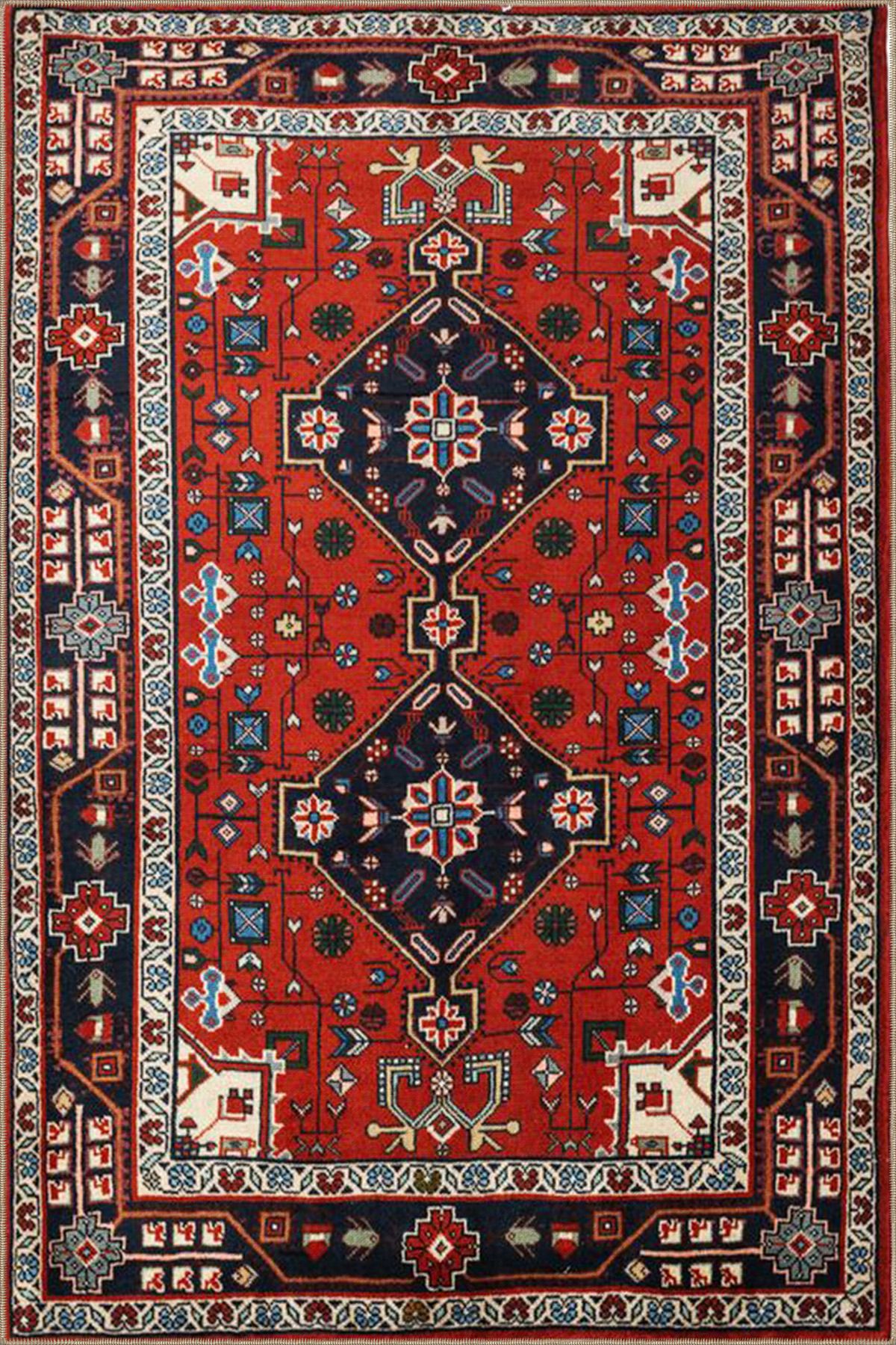 Baklava Kırmızı Tonlarda Geometrik Desenli Modern Dokuma Taban ve Dekoratif Halı miravip103