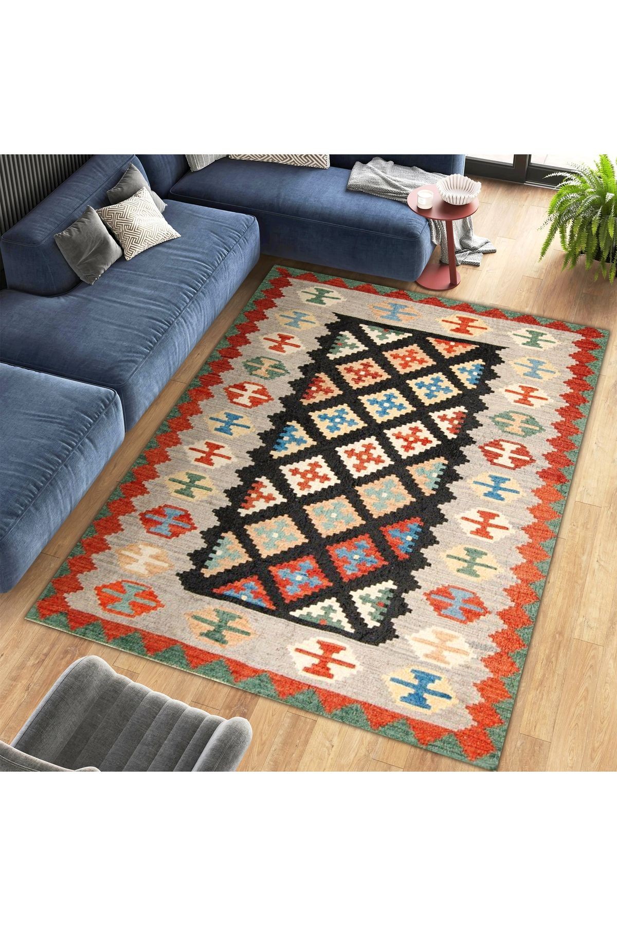 Aysu Koleksiyonu Siyah Detaylı Çok Renkli Etnik Desenli Dokuma Taban Modern Dekoratif Halı aysu30