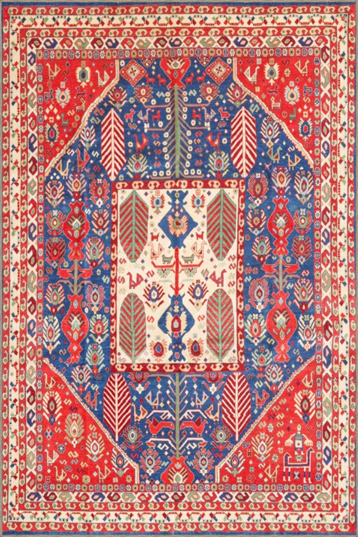 Geometrik Kırmızı Botanik Çiçekli Baklavalı Desenli Dokuma Taban Halı ve Yıkanabilir Halı aloha94