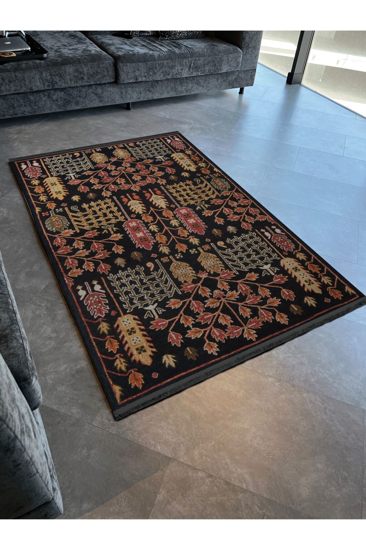 Siyah Temalı Çok Renkli Çiçek Motifli Etnik Desenli Kreatif Vintage Dekoratif Halı 2771