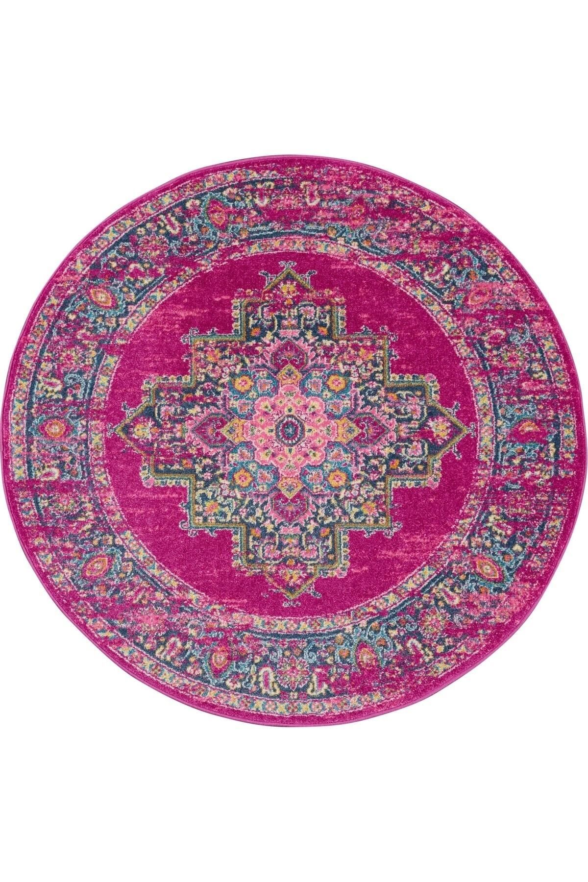 Fuşya Pembe Etnik Ve Vintage Tema Dokuma Taban Yuvarlak Halı Mira 1388
